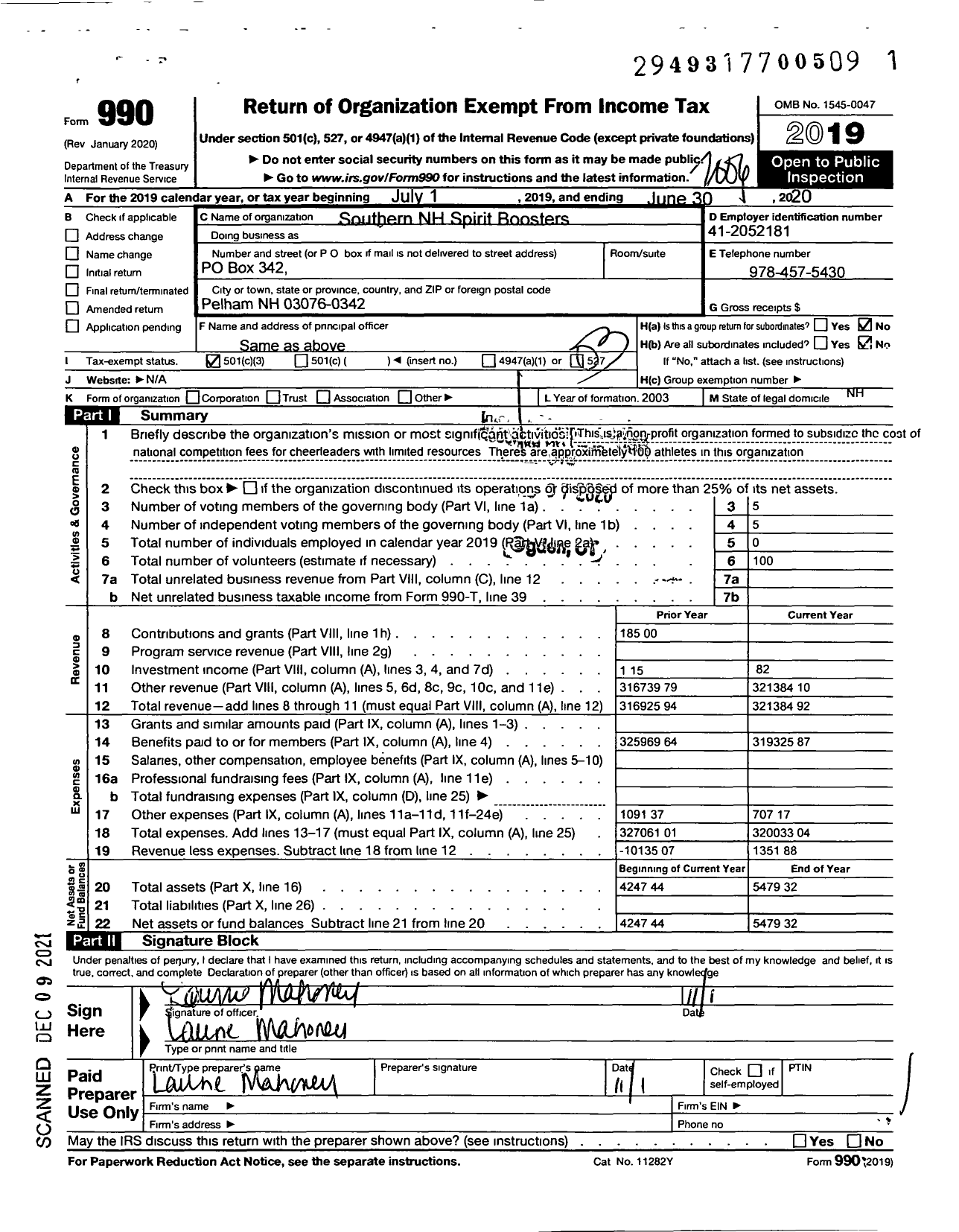 Image of first page of 2019 Form 990 for Southern New Hampshire Spirit Boosters