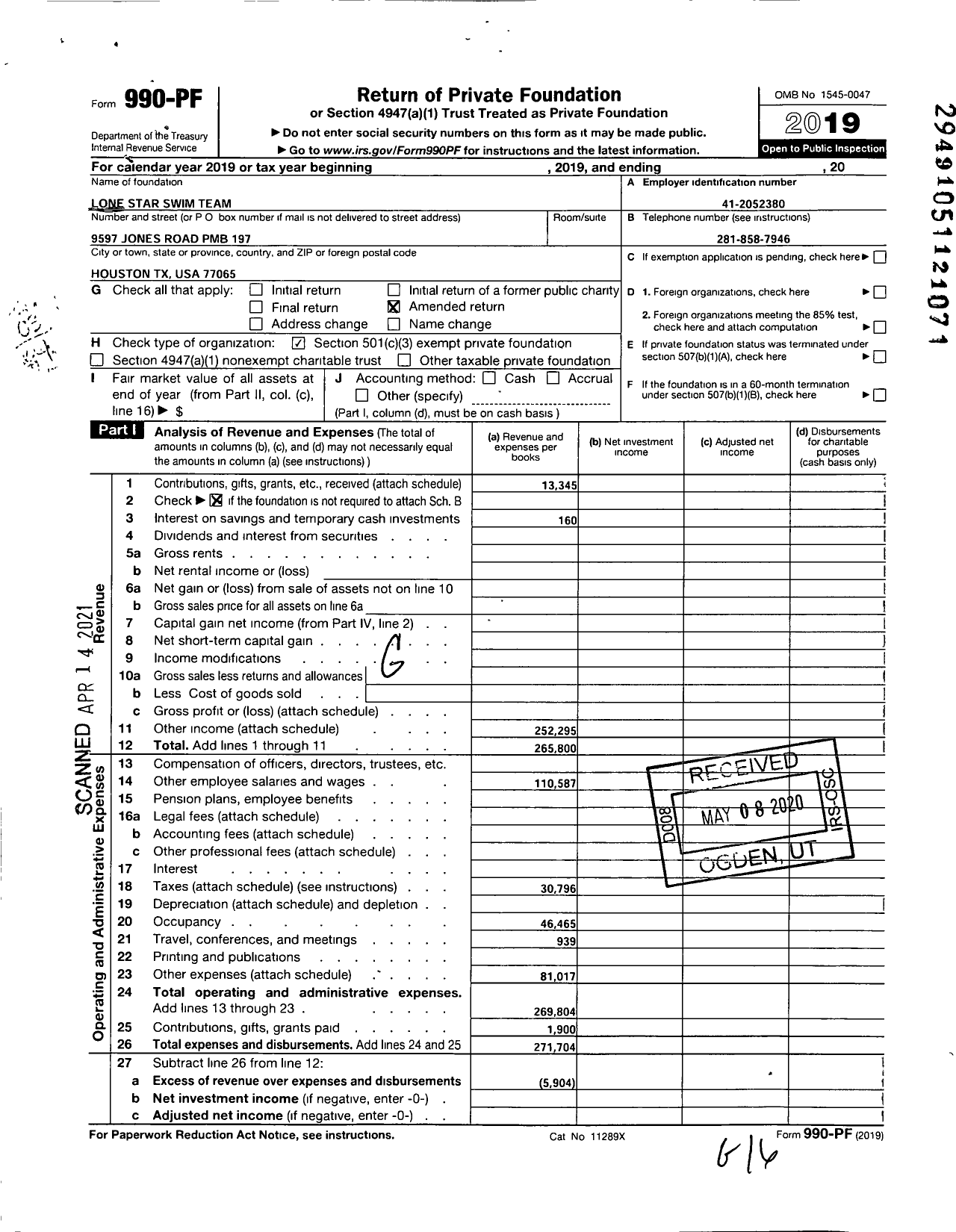 Image of first page of 2019 Form 990PF for Lone Star Swim Team