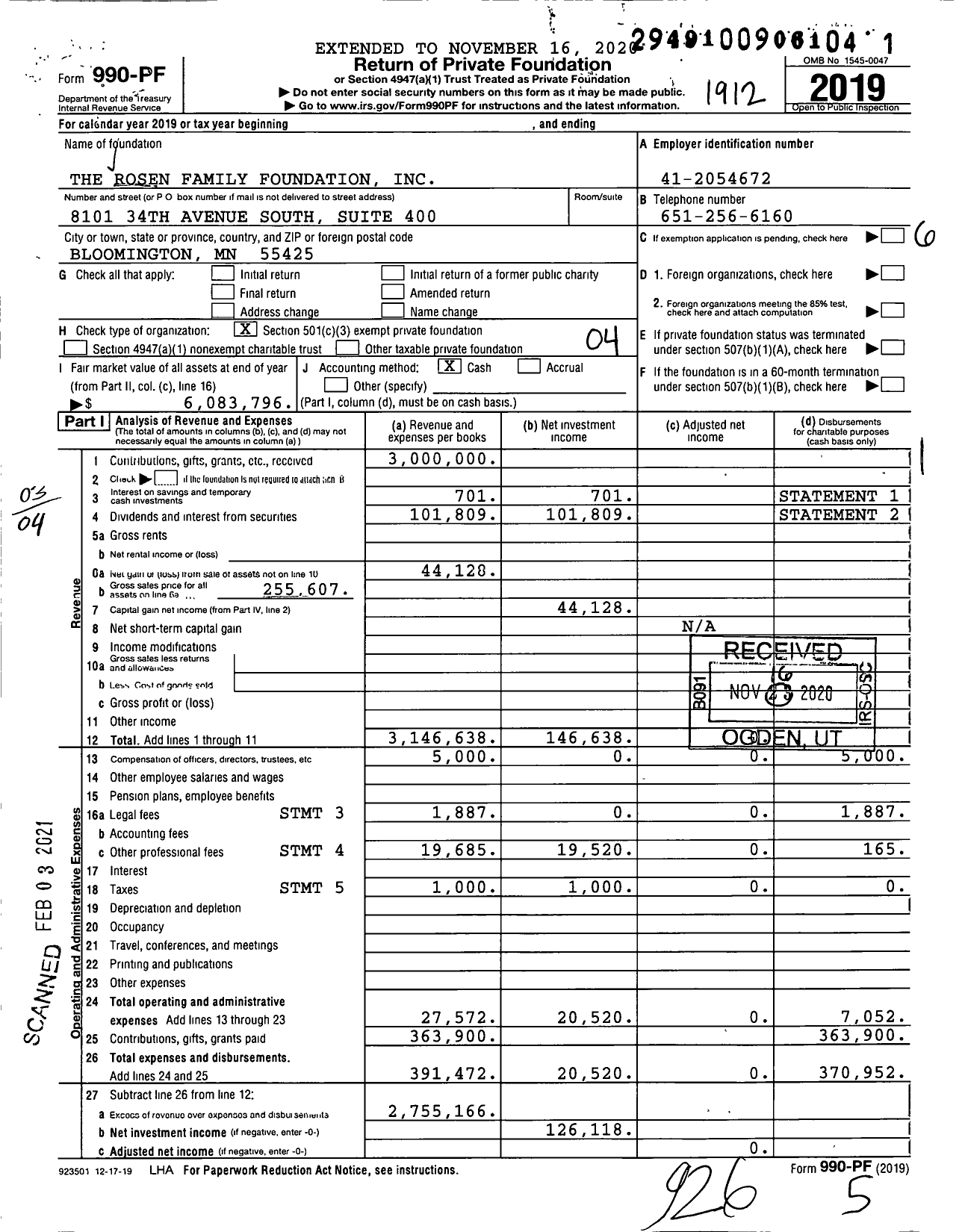 Image of first page of 2019 Form 990PF for The Rosen Family Foundation