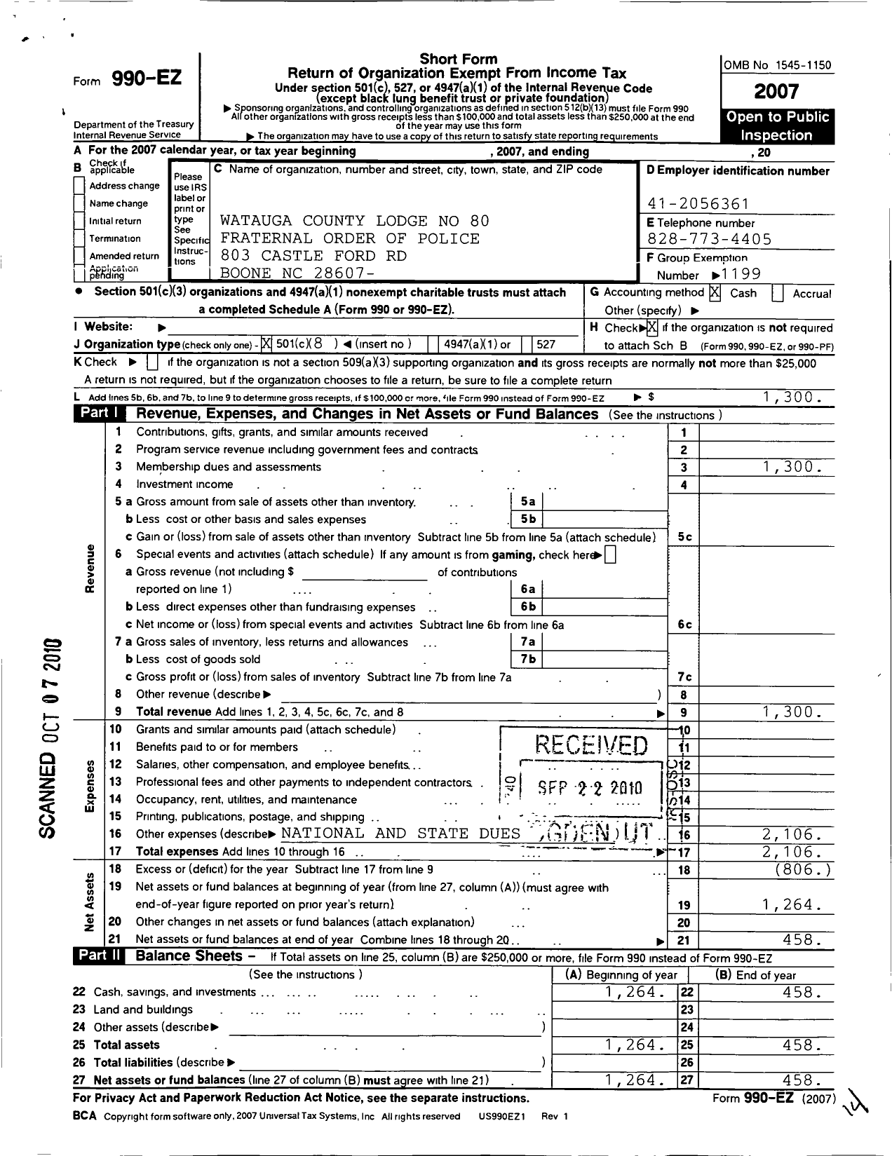 Image of first page of 2007 Form 990EO for Fraternal Order of Police - 80 Watauga County Lodge