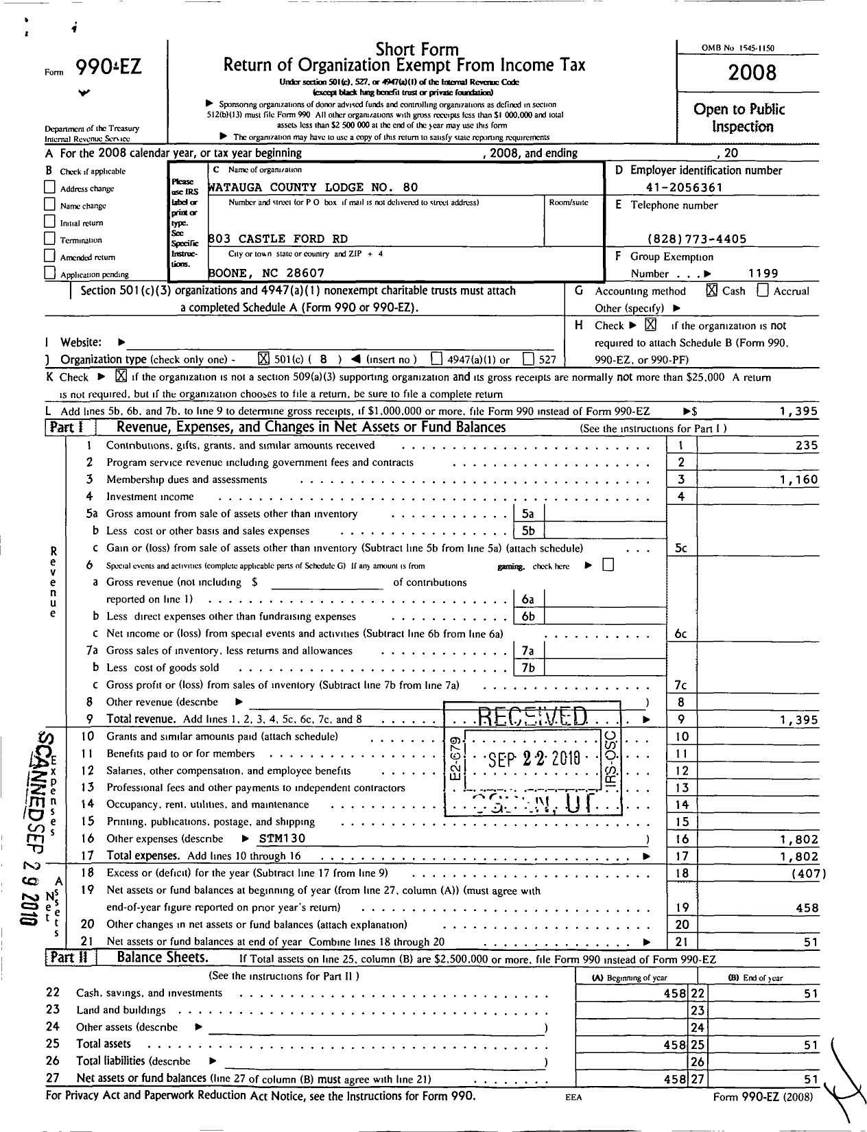 Image of first page of 2008 Form 990EO for Fraternal Order of Police - 80 Watauga County Lodge