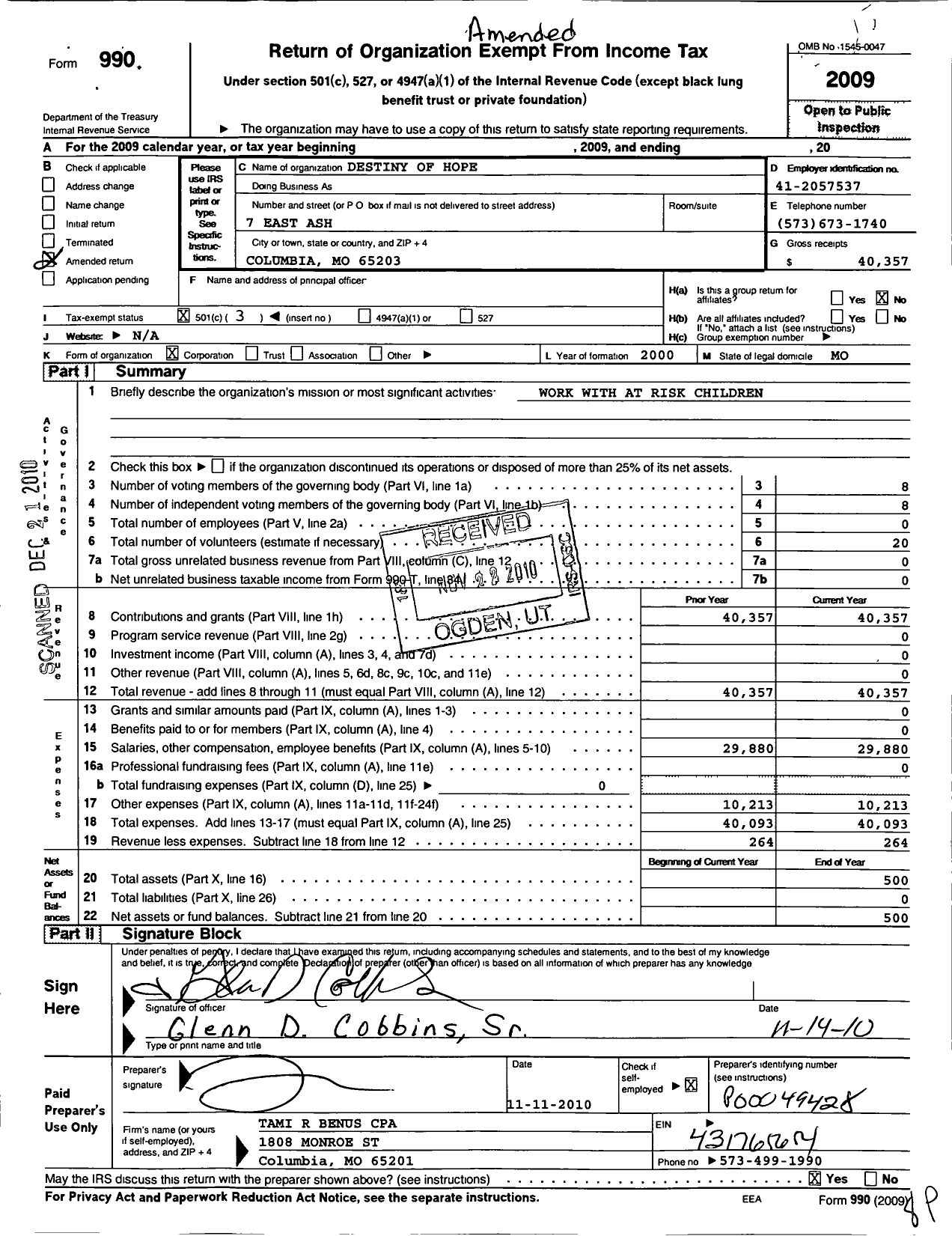 Image of first page of 2009 Form 990 for Destiny of HOPE