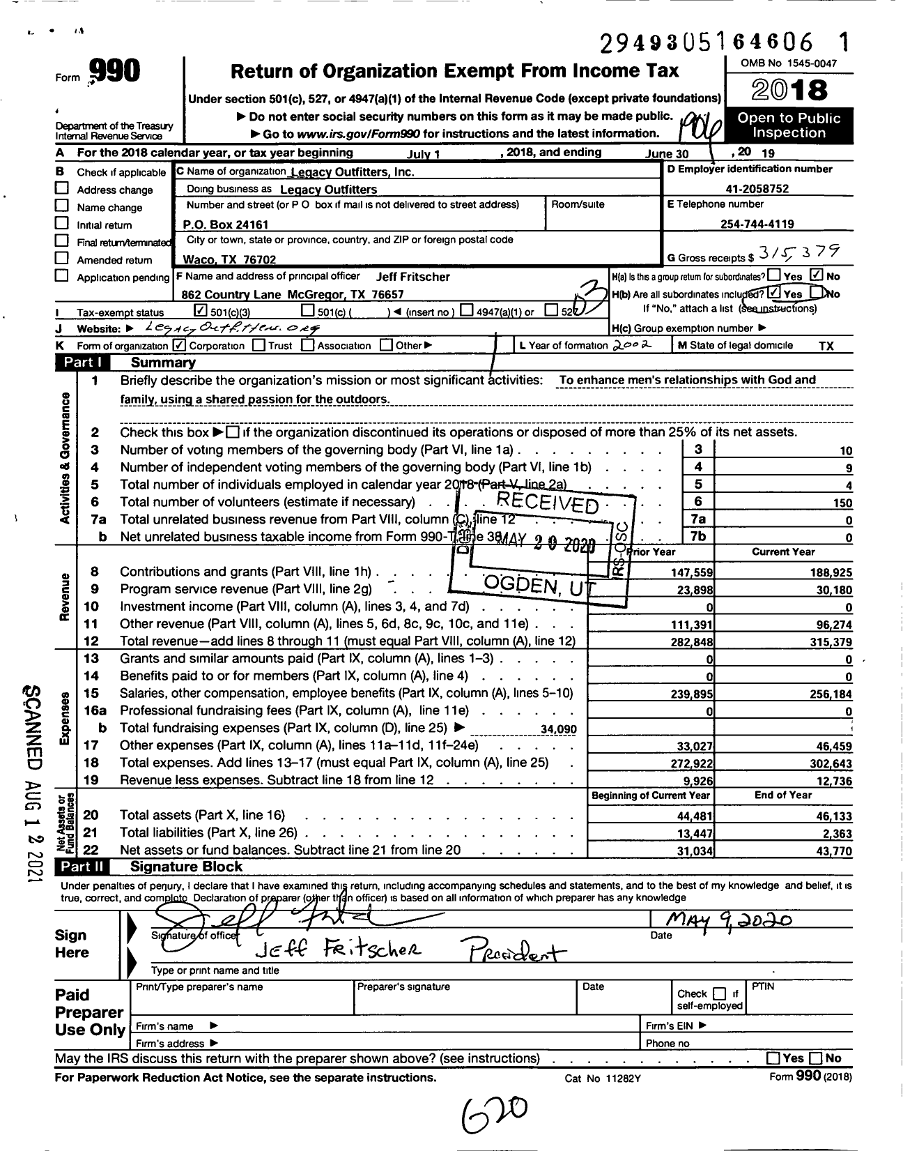 Image of first page of 2018 Form 990 for Legacy Outfitters