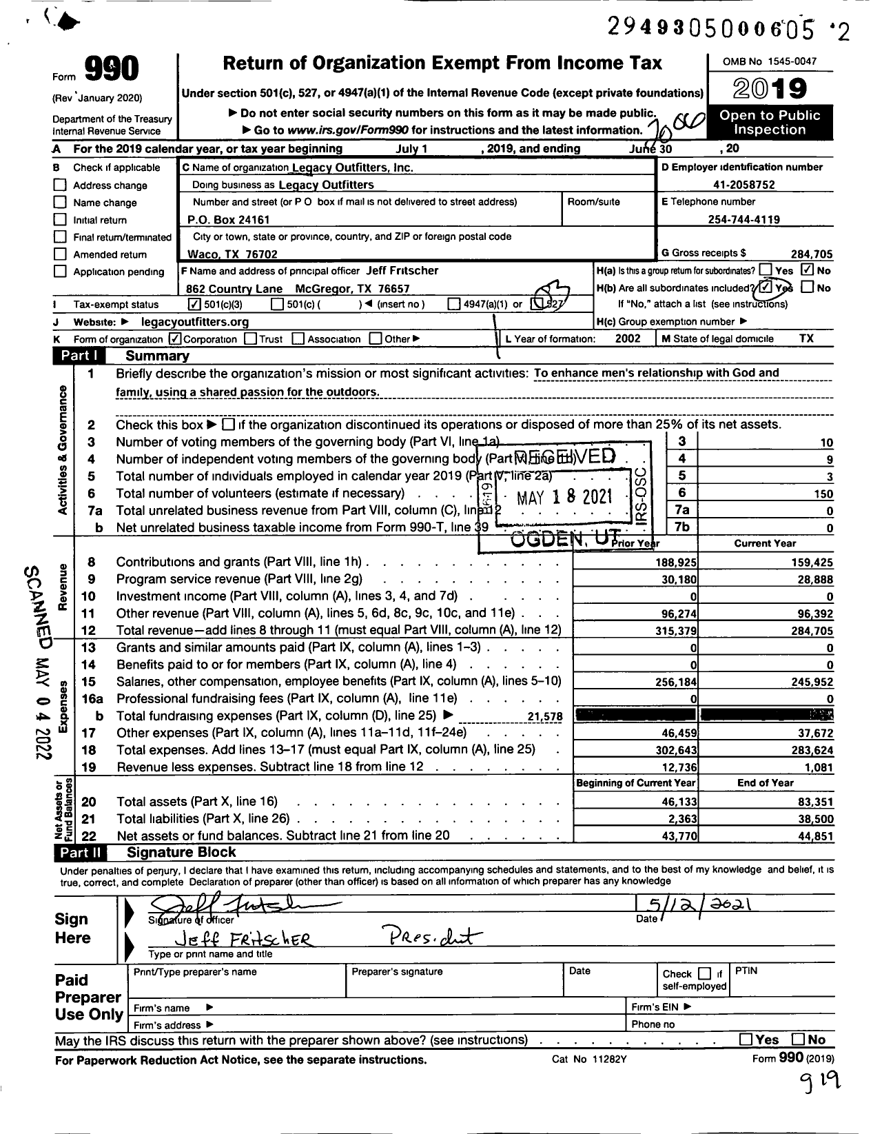 Image of first page of 2019 Form 990 for Legacy Outfitters