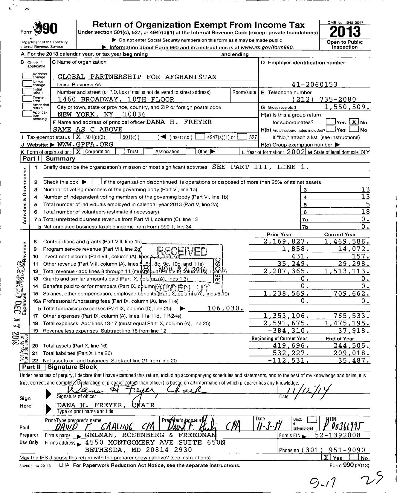 Image of first page of 2013 Form 990 for Global Partnership for Afghanistan