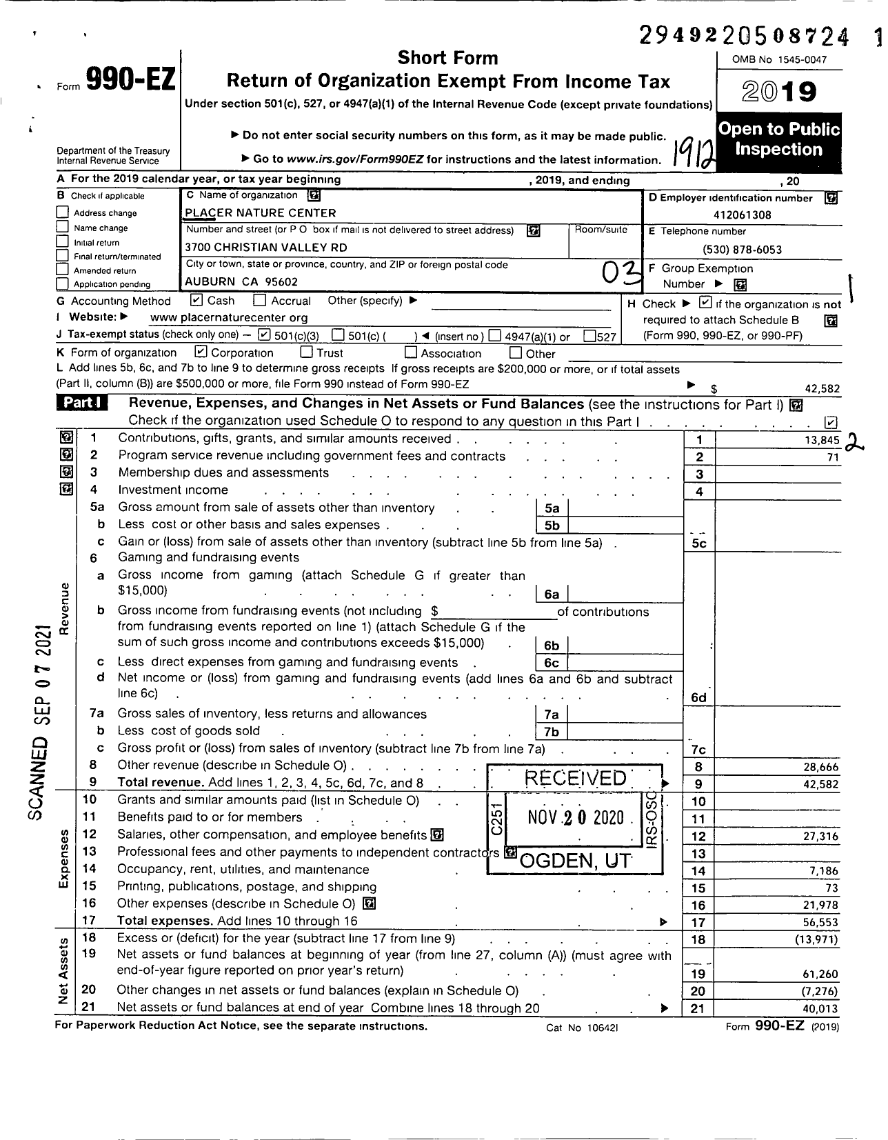 Image of first page of 2019 Form 990EZ for Placer Nature Center