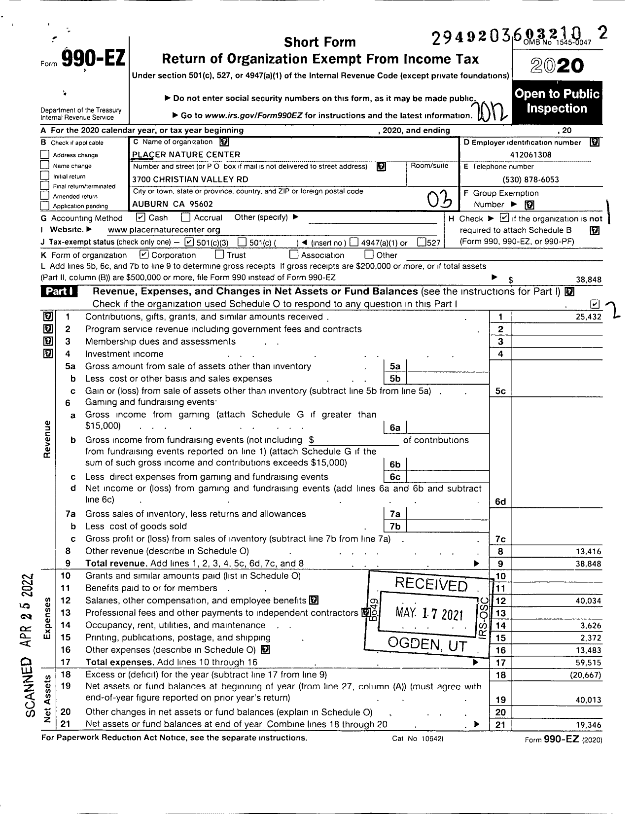 Image of first page of 2020 Form 990EZ for Placer Nature Center