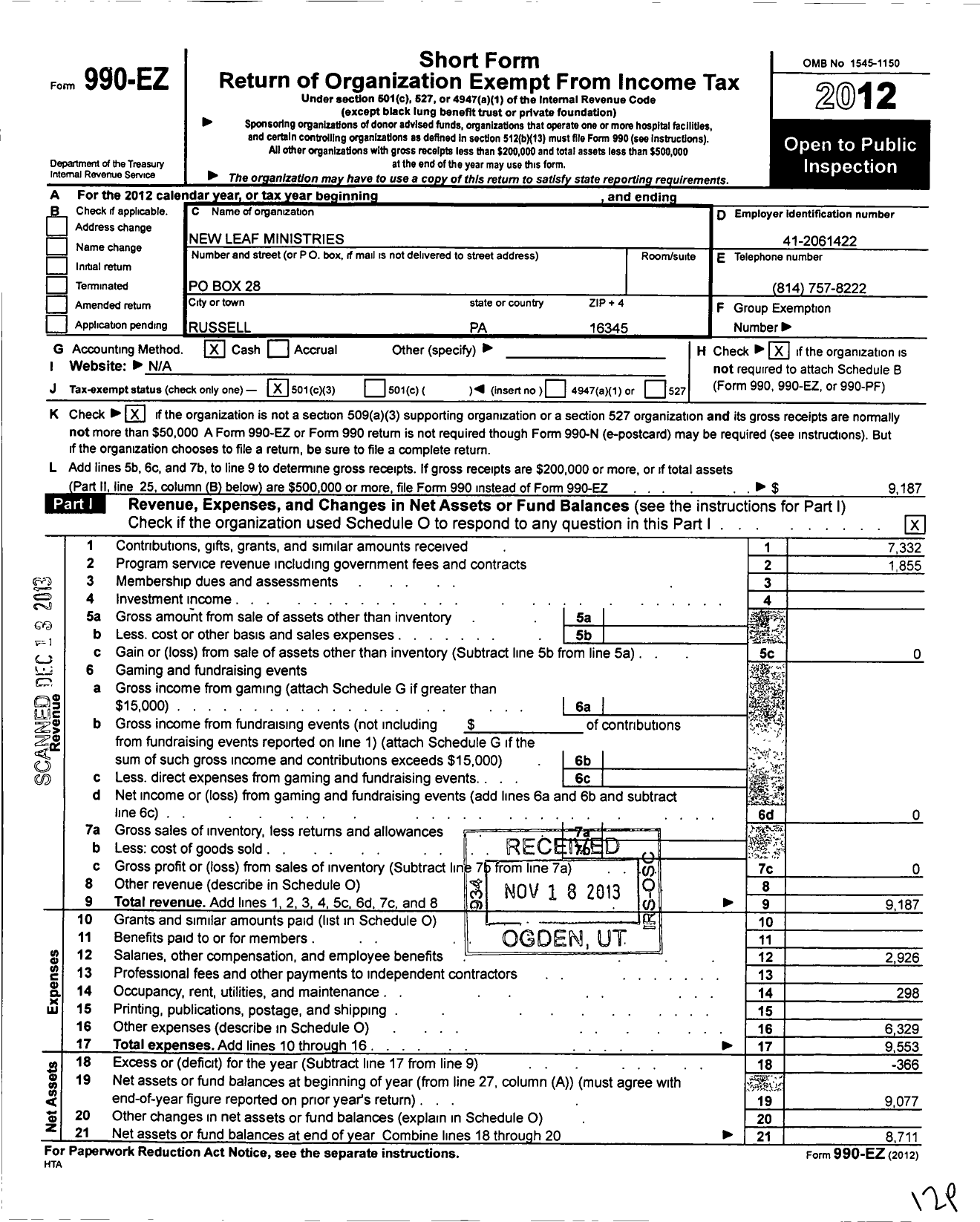 Image of first page of 2012 Form 990EZ for New Leaf Ministries