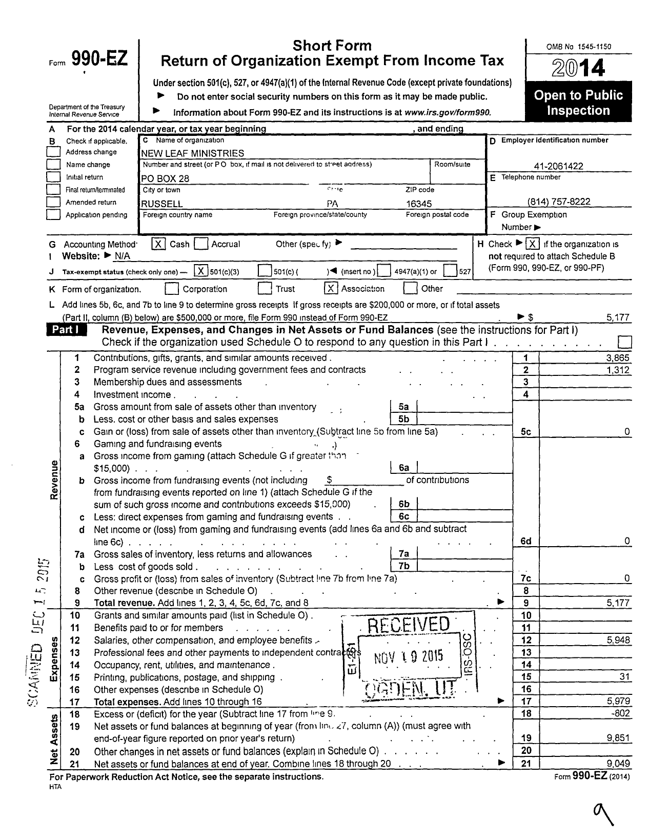 Image of first page of 2014 Form 990EZ for New Leaf Ministries