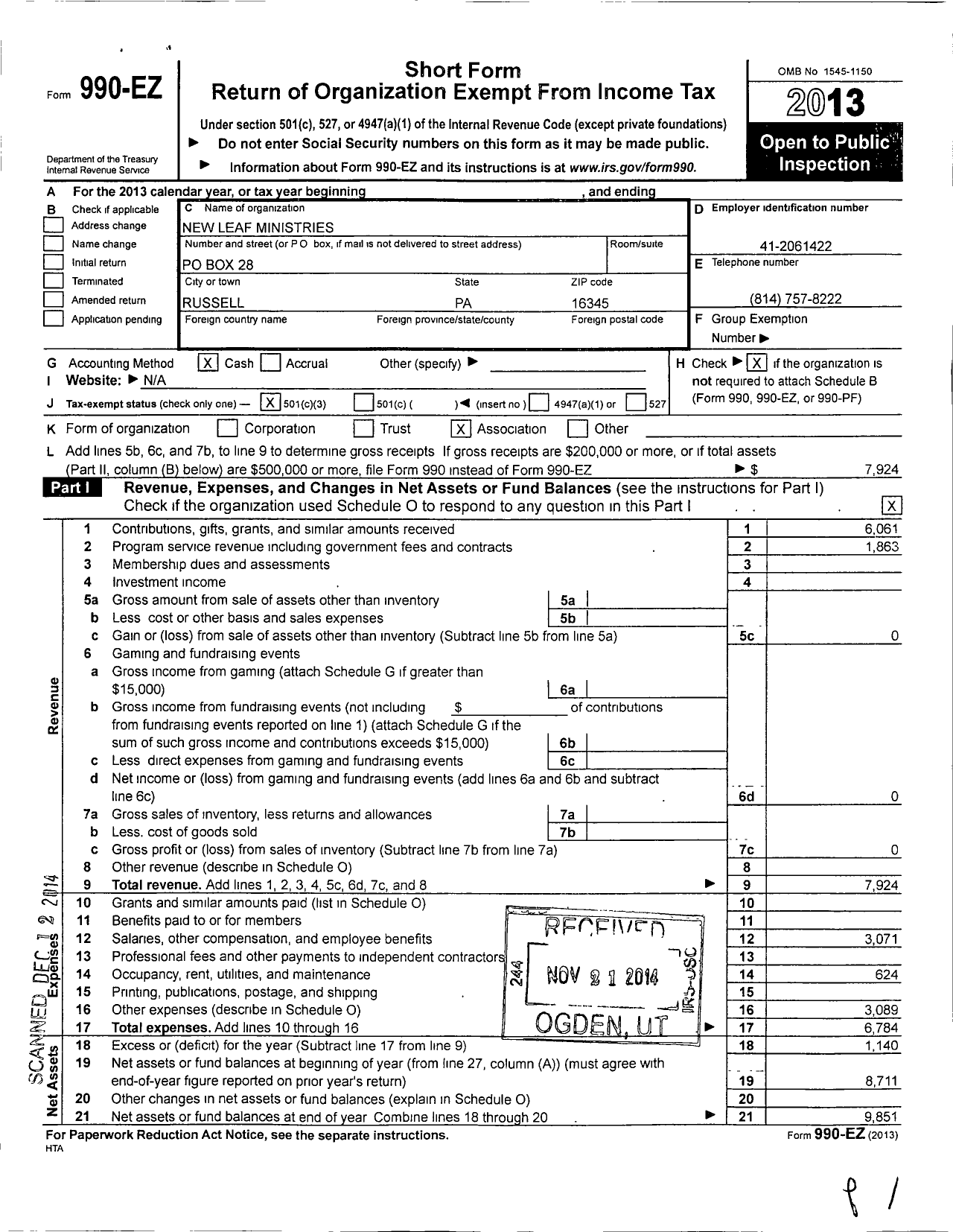 Image of first page of 2013 Form 990EZ for New Leaf Ministries