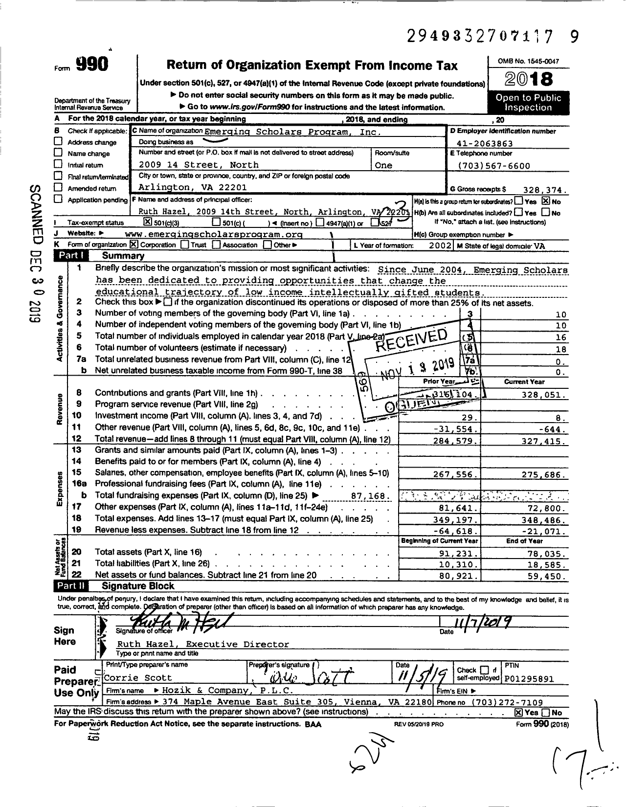 Image of first page of 2018 Form 990 for Emerging Scholars Program