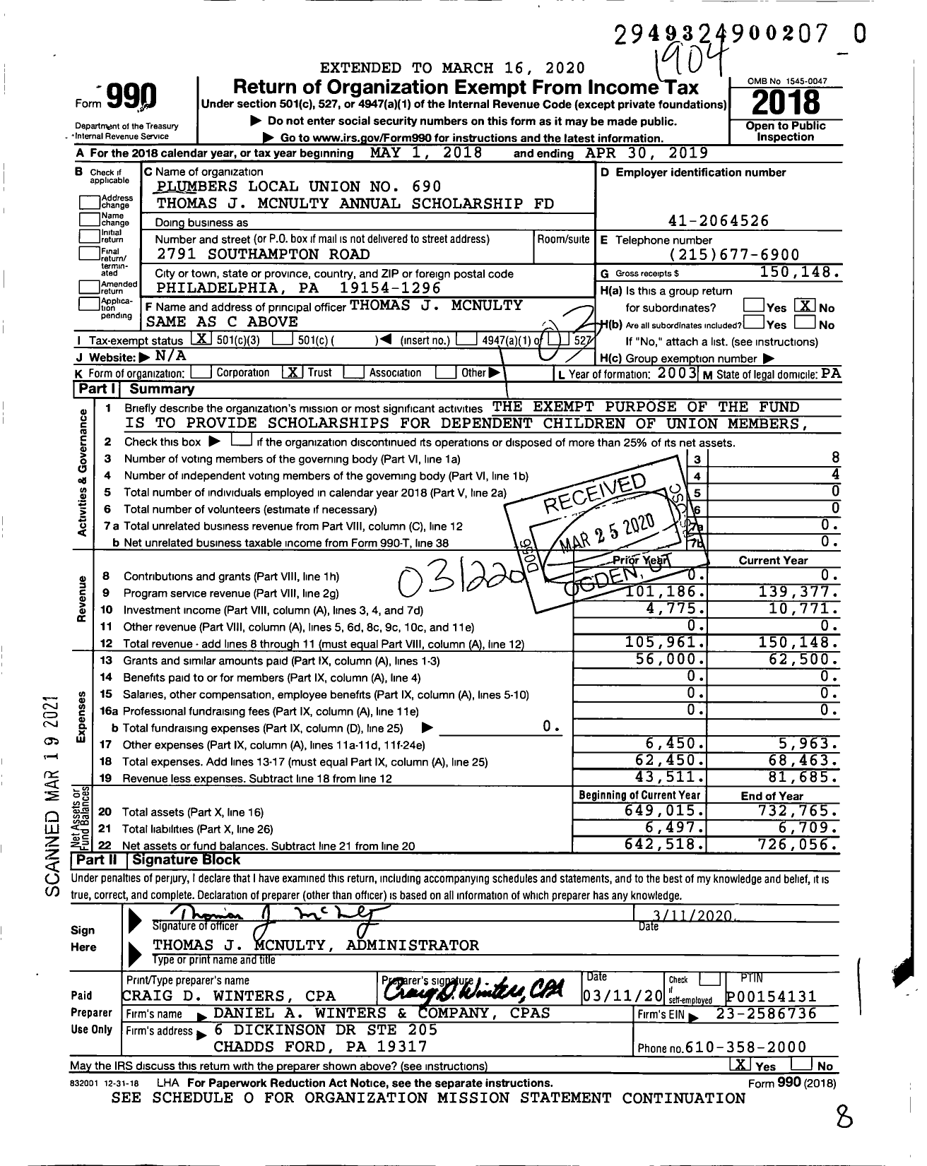 Image of first page of 2018 Form 990 for Plumbers Local Union No 690 Thomas J Mcnulty Annual Scholarship Fund