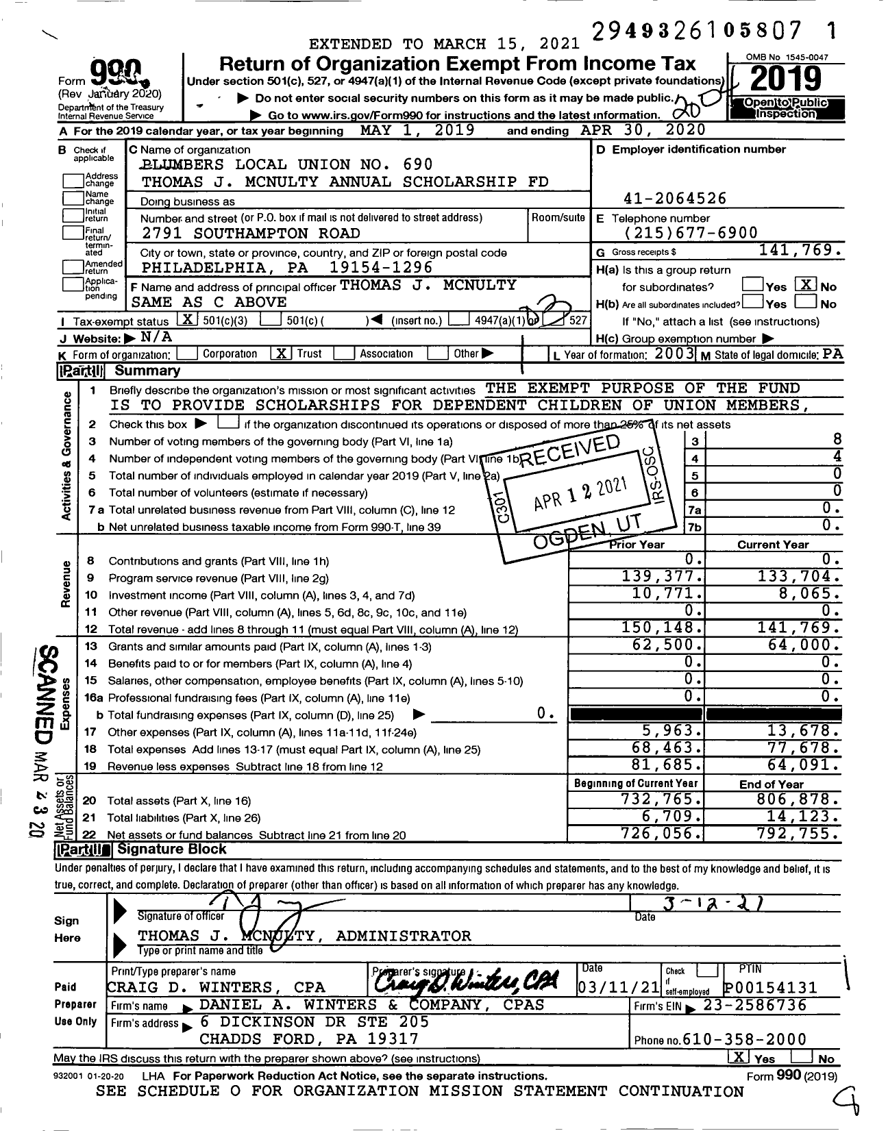 Image of first page of 2019 Form 990 for Plumbers Local Union No 690 Thomas J Mcnulty Annual Scholarship Fund