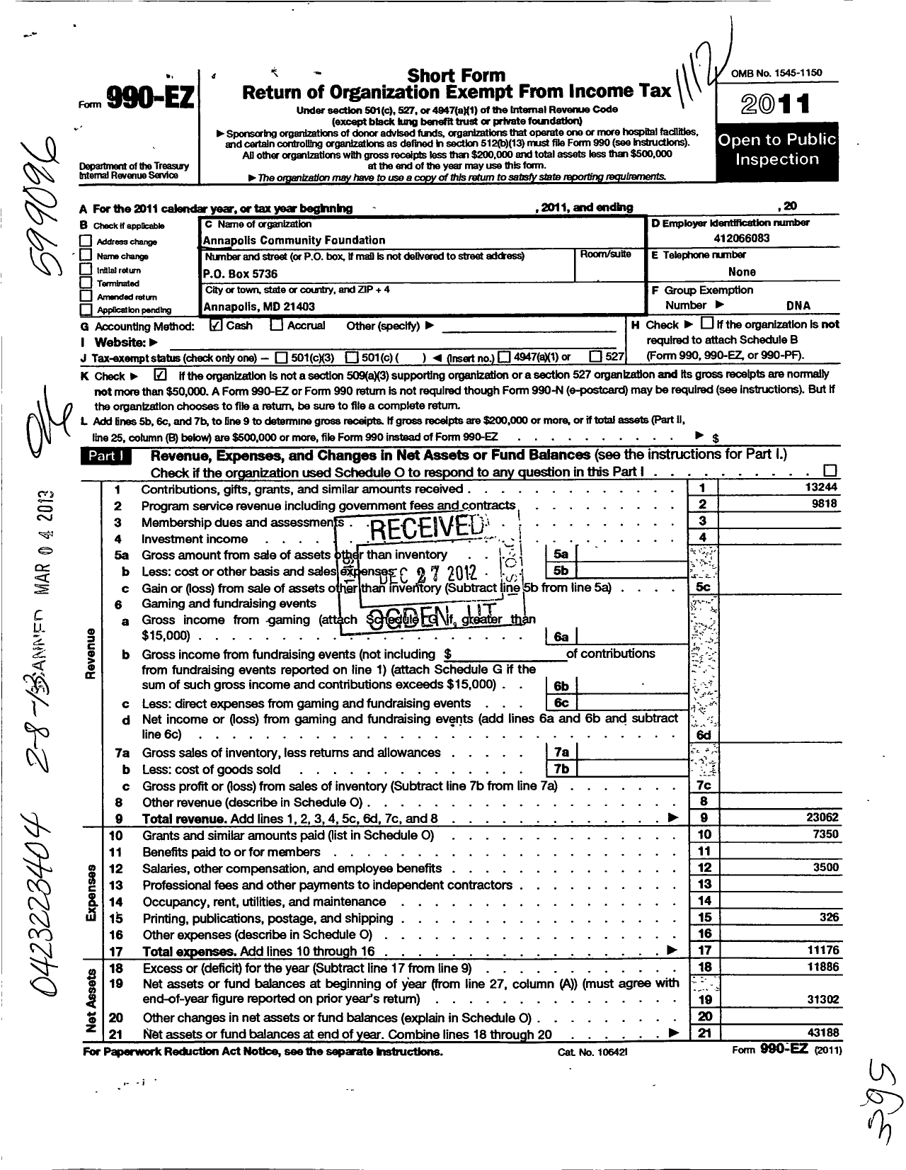 Image of first page of 2011 Form 990EO for Annapolis Community Foundation