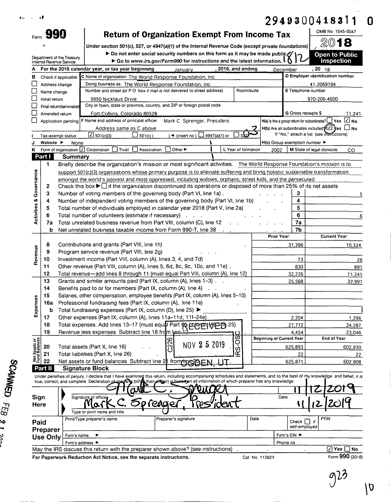 Image of first page of 2018 Form 990 for World Response Foundation