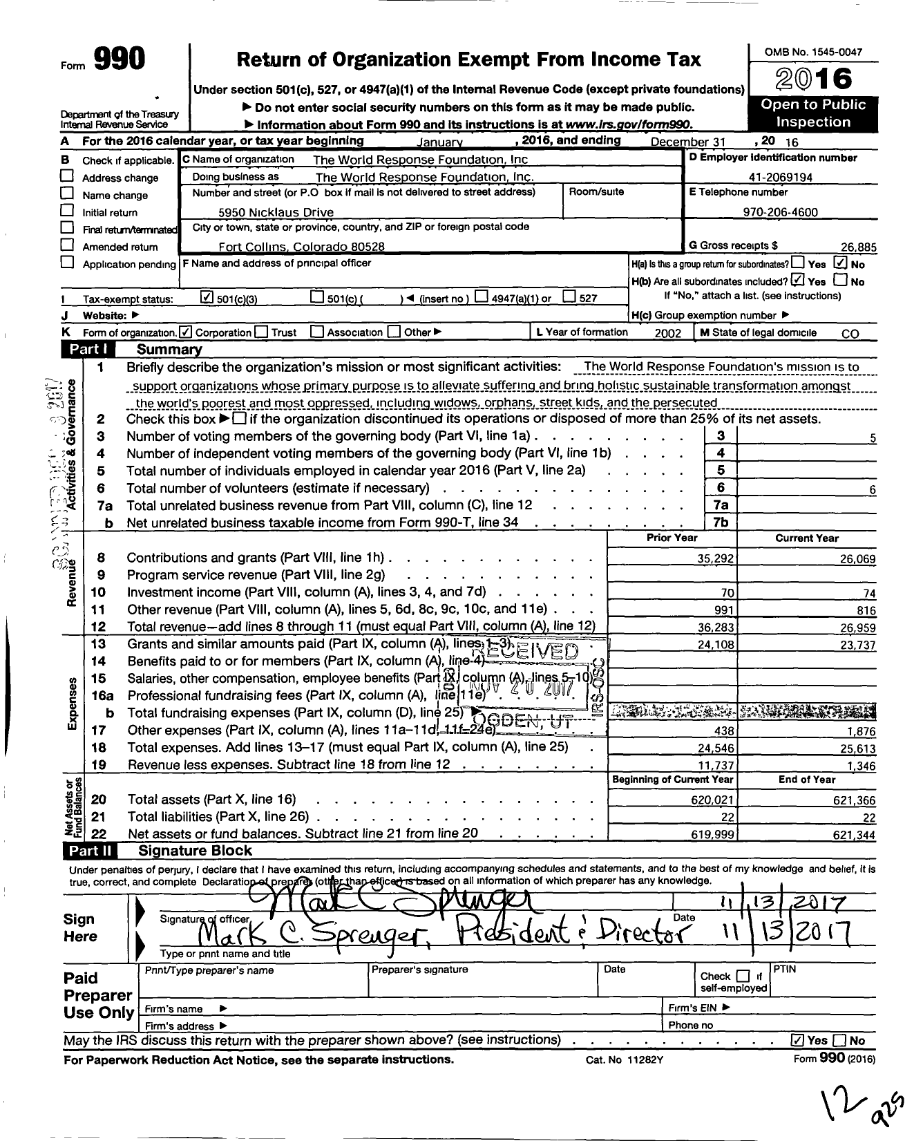 Image of first page of 2016 Form 990 for World Response Foundation