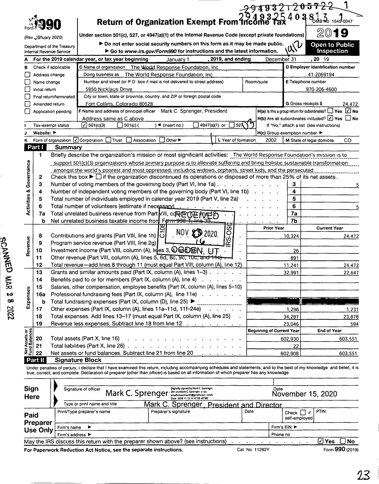 Image of first page of 2019 Form 990 for World Response Foundation