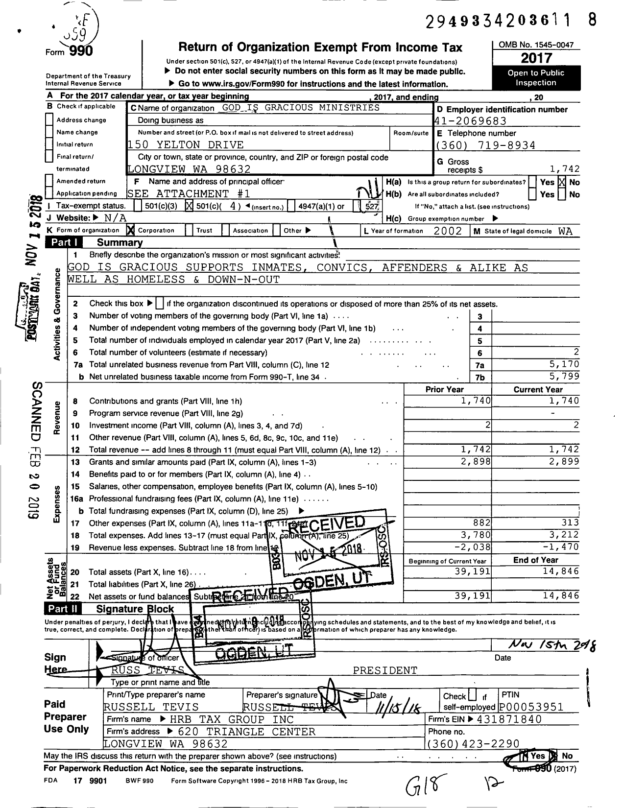 Image of first page of 2017 Form 990O for God is Gracious