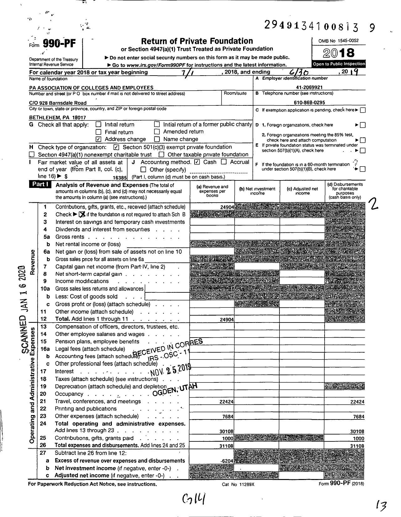 Image of first page of 2018 Form 990PF for Pennsylvania Association of Colleges and Employers