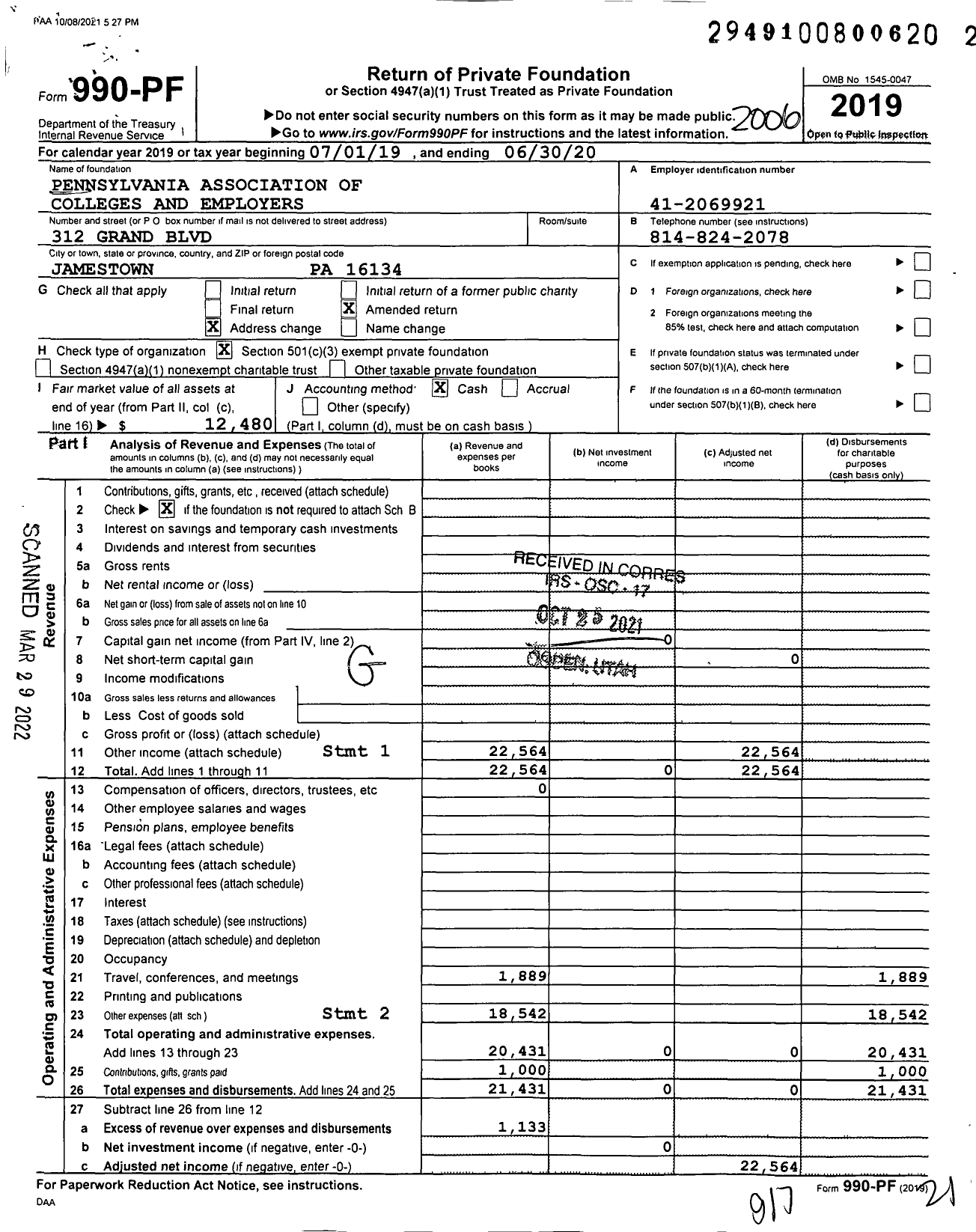 Image of first page of 2019 Form 990PF for Pennsylvania Association of Colleges and Employers