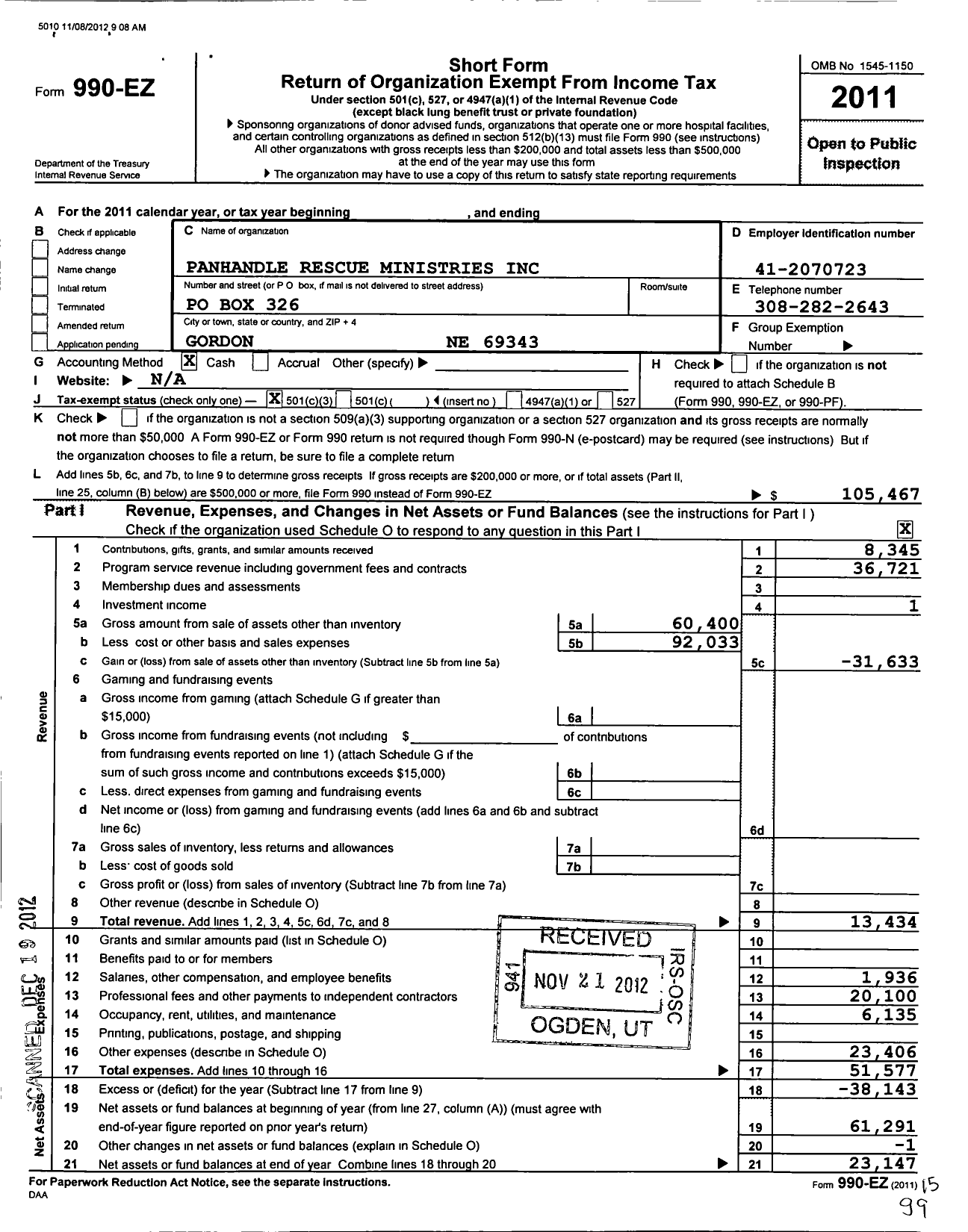 Image of first page of 2011 Form 990EZ for Panhandle Rescue Ministries