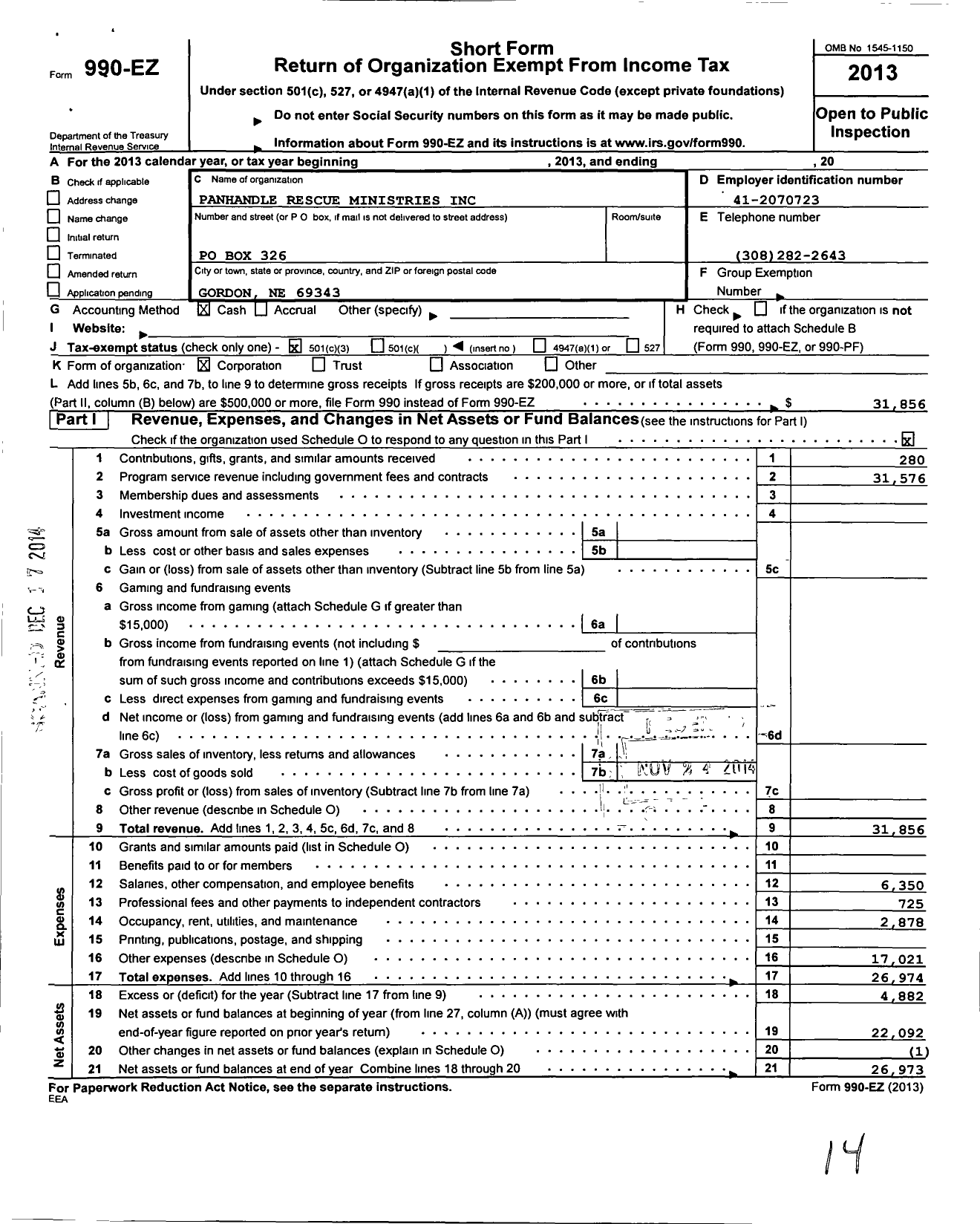 Image of first page of 2013 Form 990EZ for Panhandle Rescue Ministries