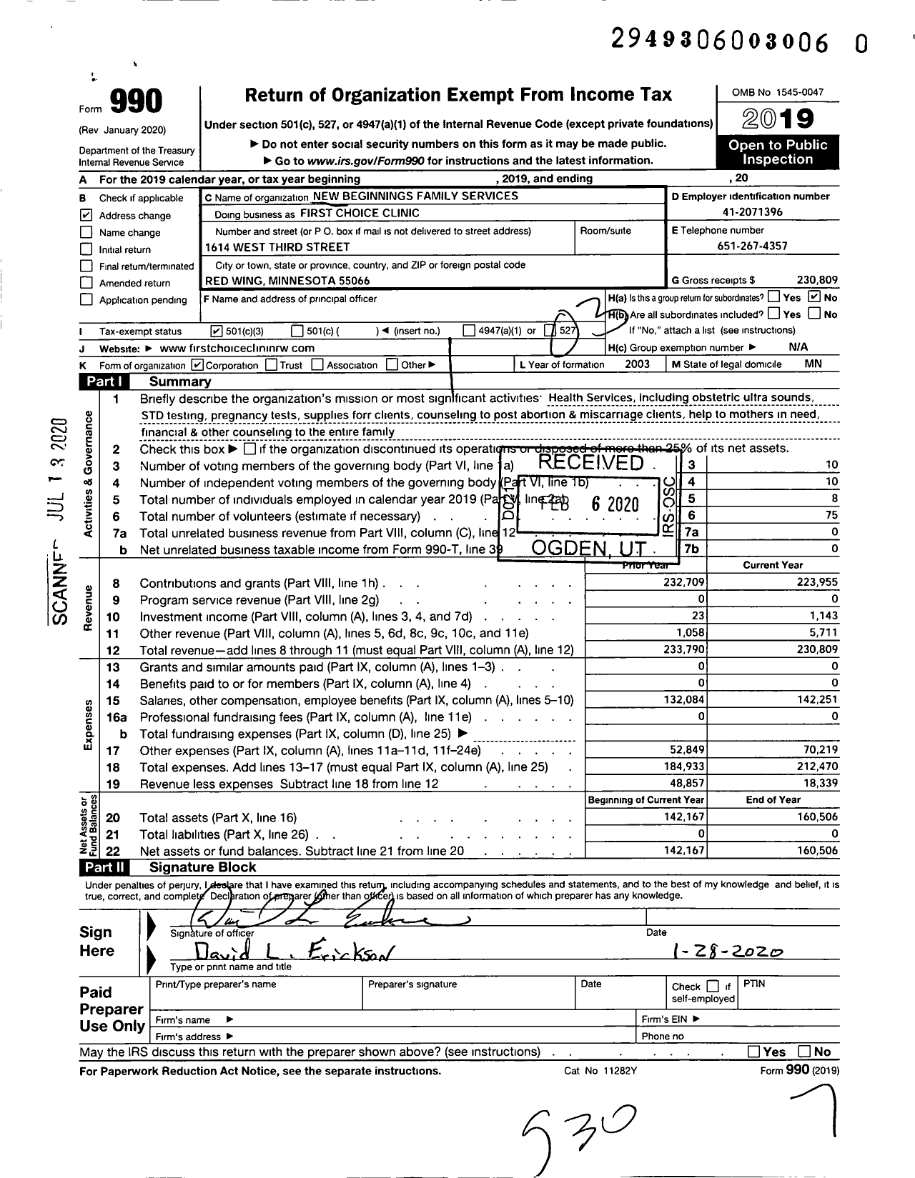 Image of first page of 2019 Form 990 for First Choice Clinic First Choice Clinic