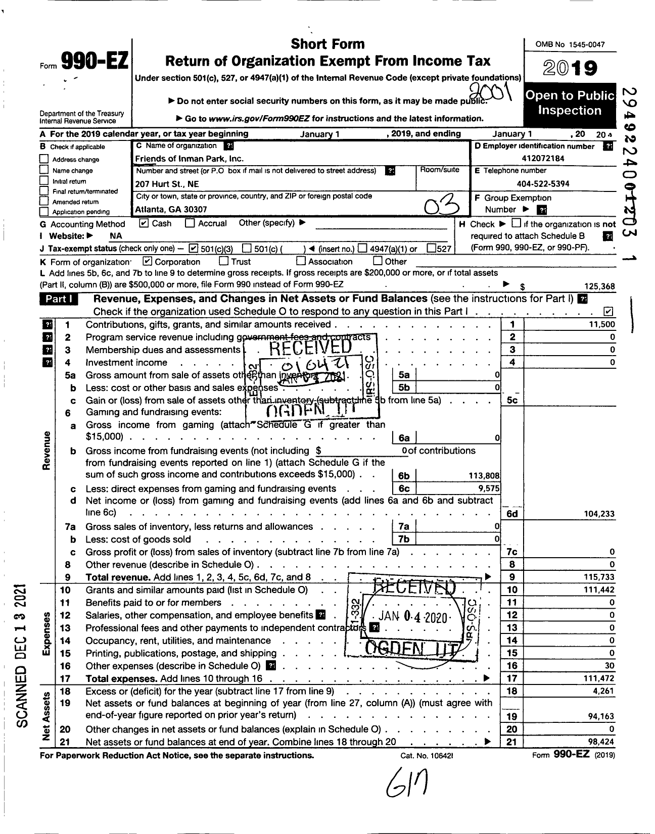 Image of first page of 2019 Form 990EZ for Friends of Inman Park