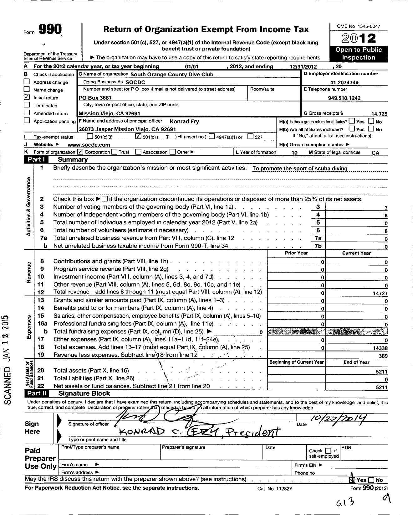 Image of first page of 2012 Form 990O for South Orange County Dive Club