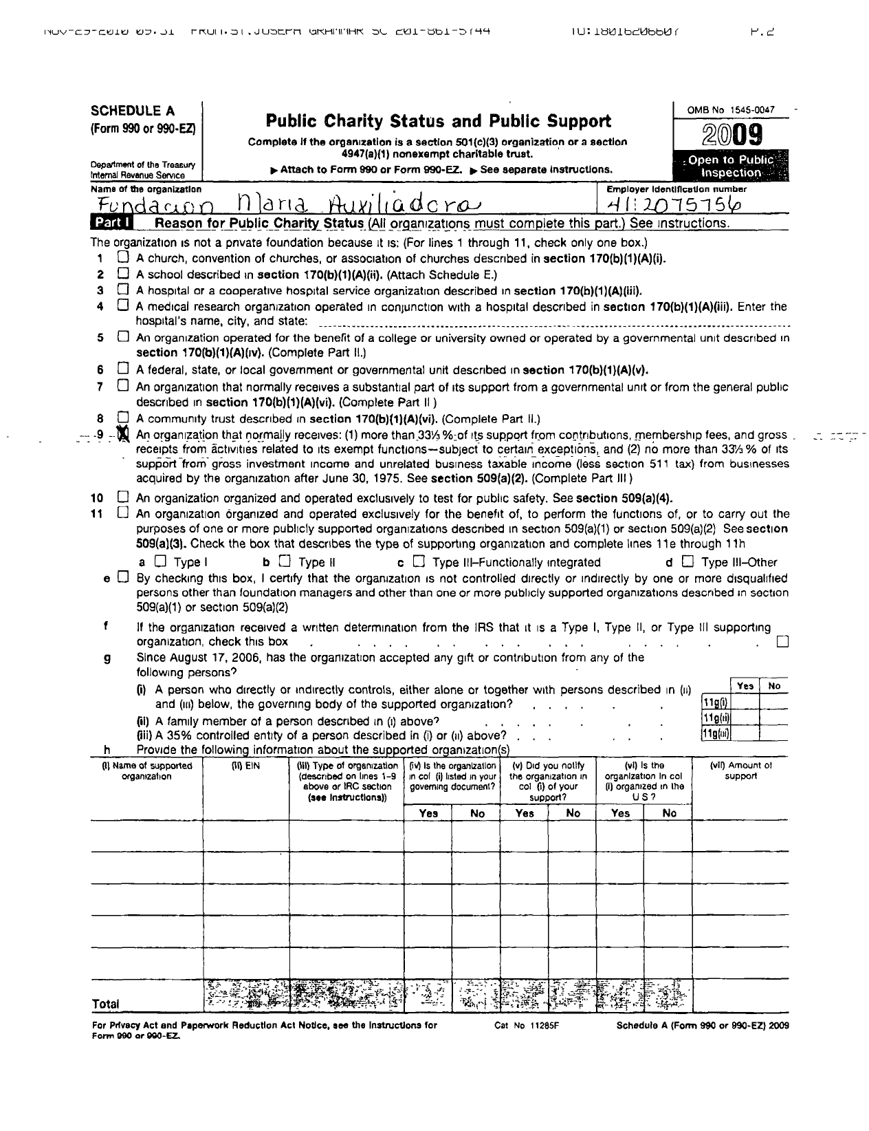 Image of first page of 2009 Form 990ER for Fundacion Maria Auxiliadora