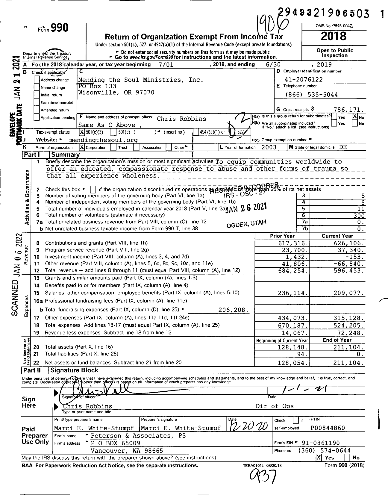 Image of first page of 2018 Form 990 for Mending the Soul Ministries