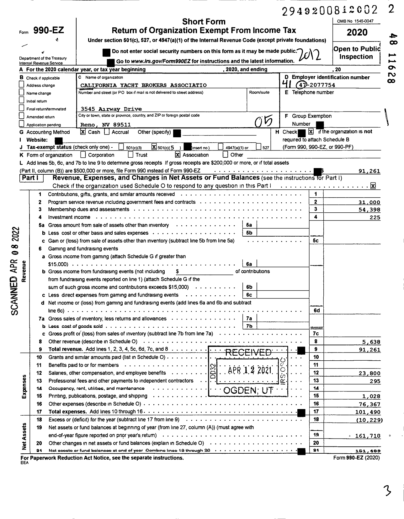 Image of first page of 2020 Form 990EO for California Yacht Brokers Association