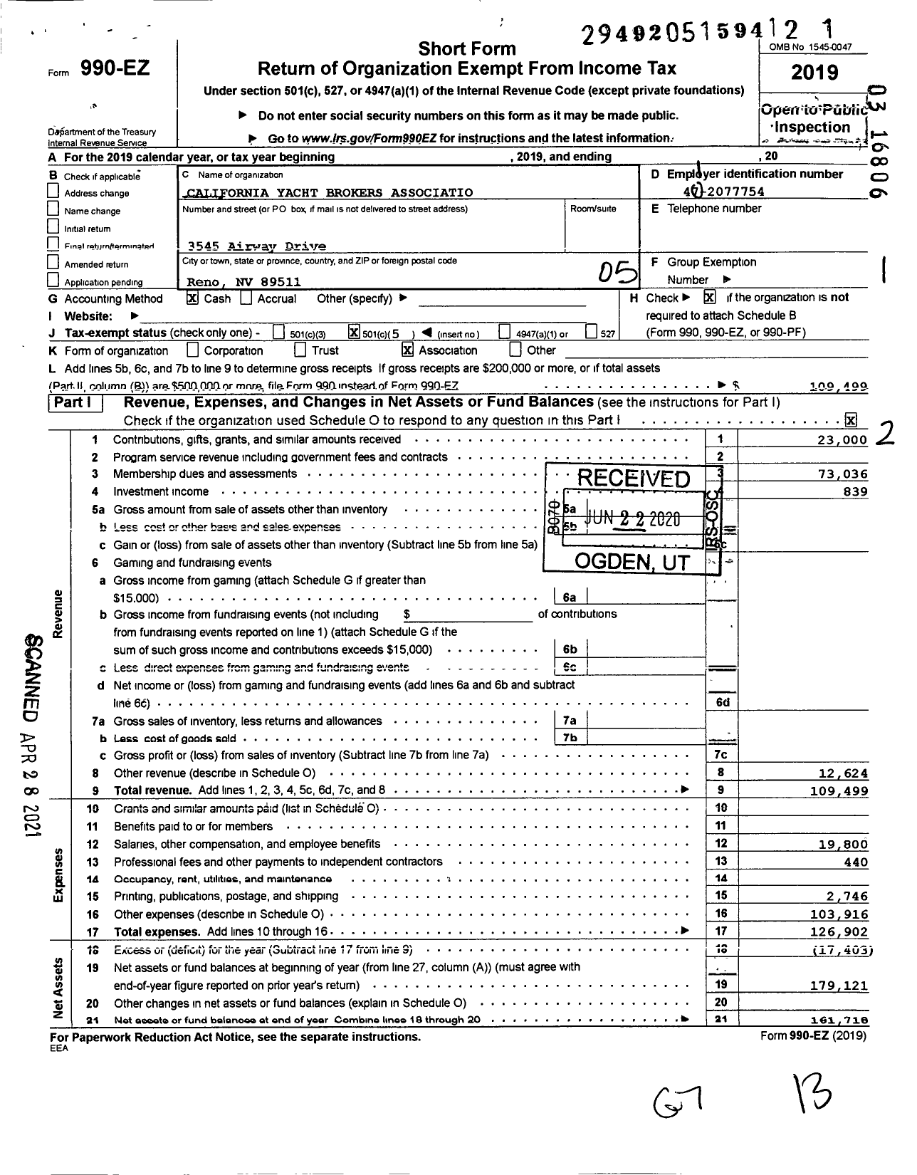 Image of first page of 2019 Form 990EO for California Yacht Brokers Association