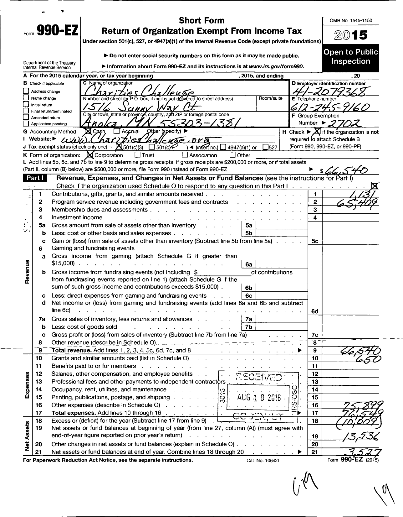 Image of first page of 2015 Form 990EZ for Charities Challenge