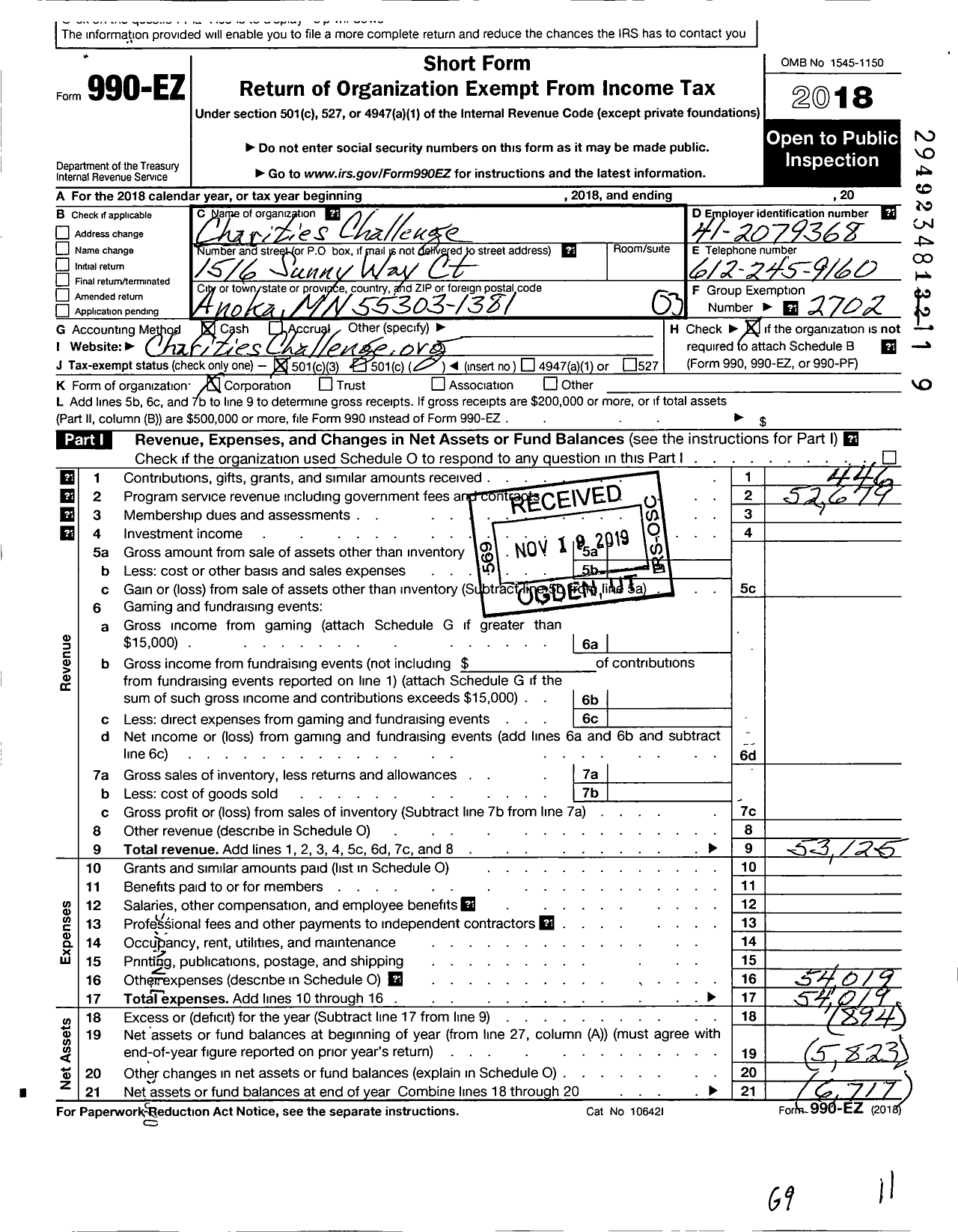 Image of first page of 2018 Form 990EZ for Charities Challenge