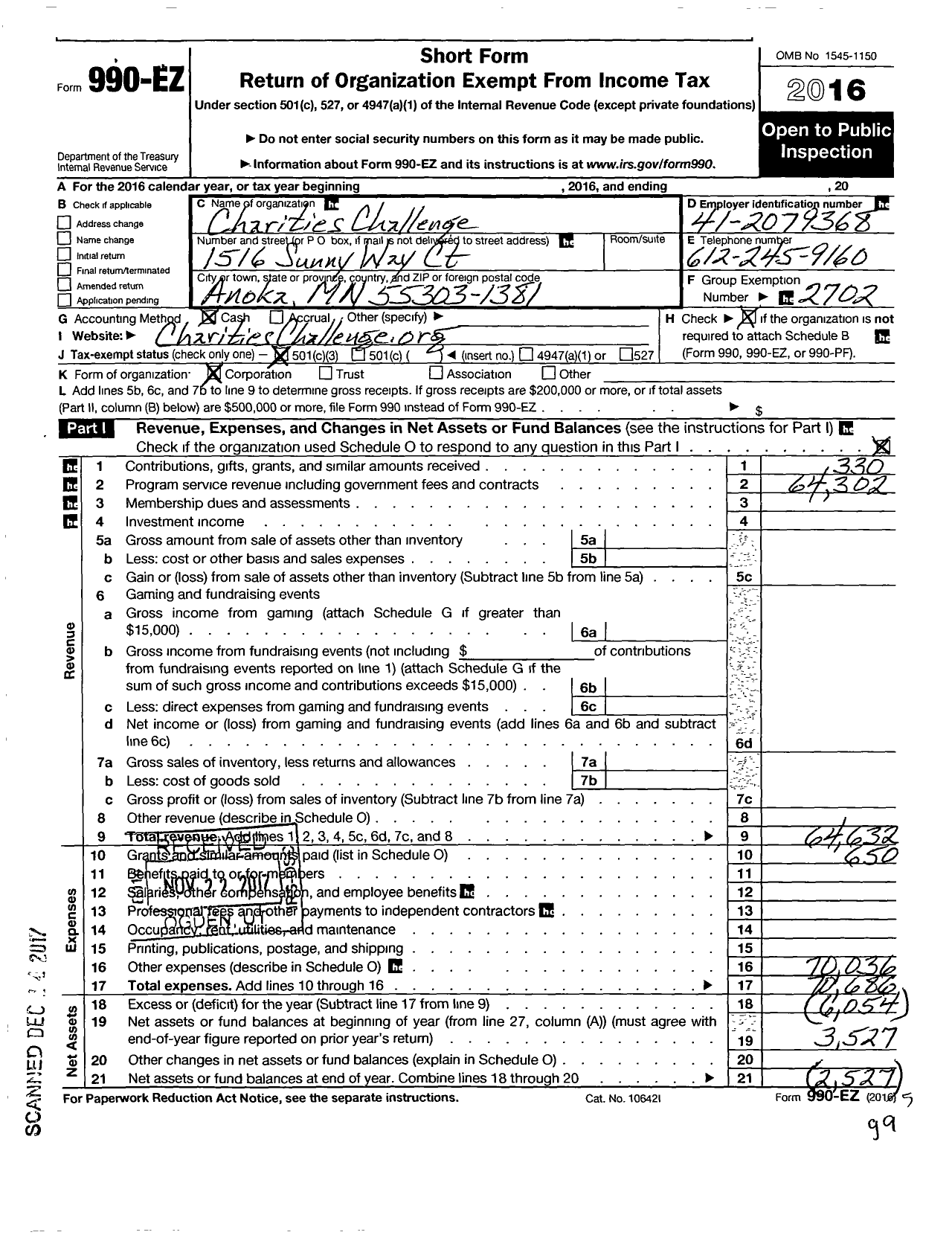 Image of first page of 2016 Form 990EZ for Charities Challenge