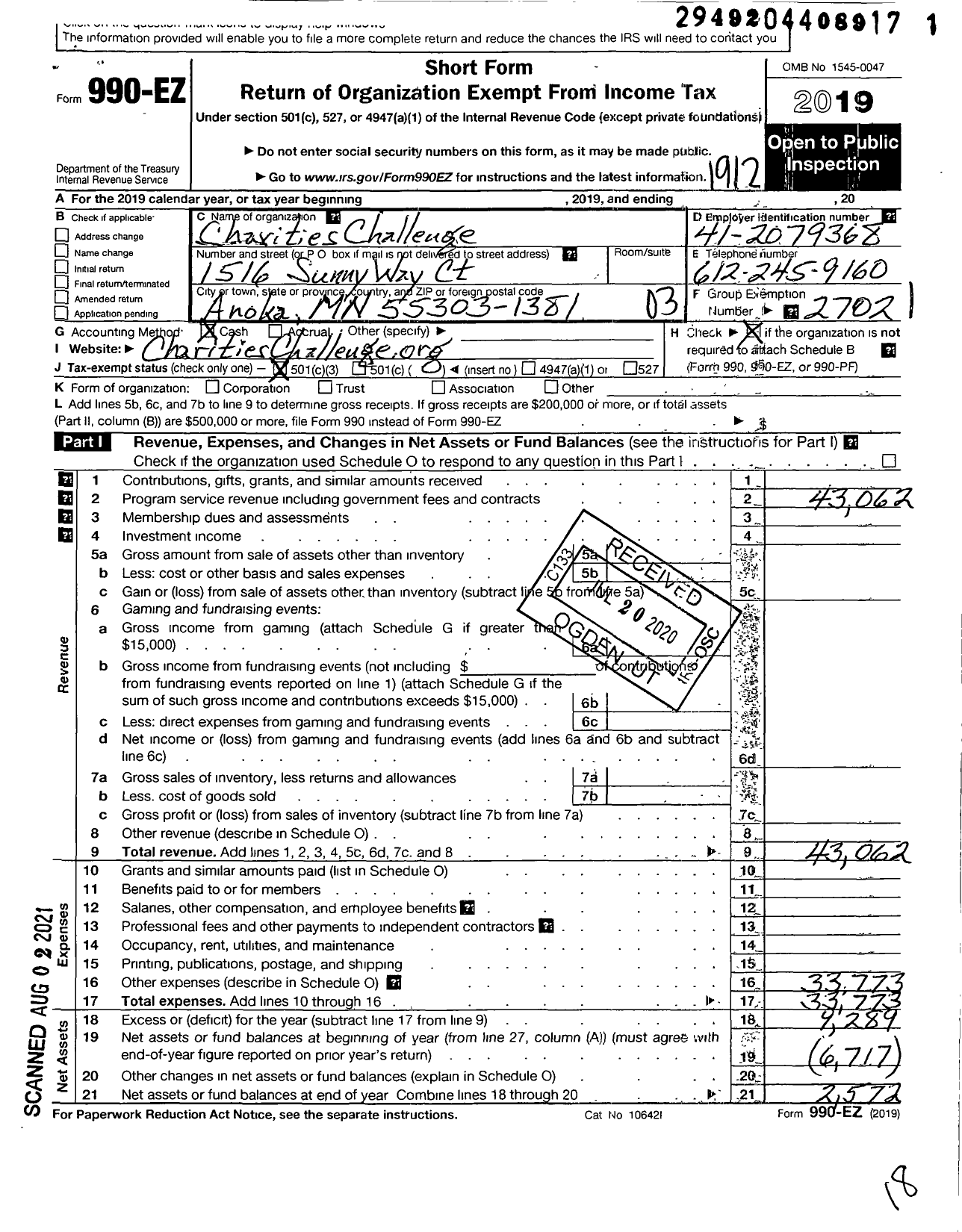 Image of first page of 2019 Form 990EZ for Charities Challenge