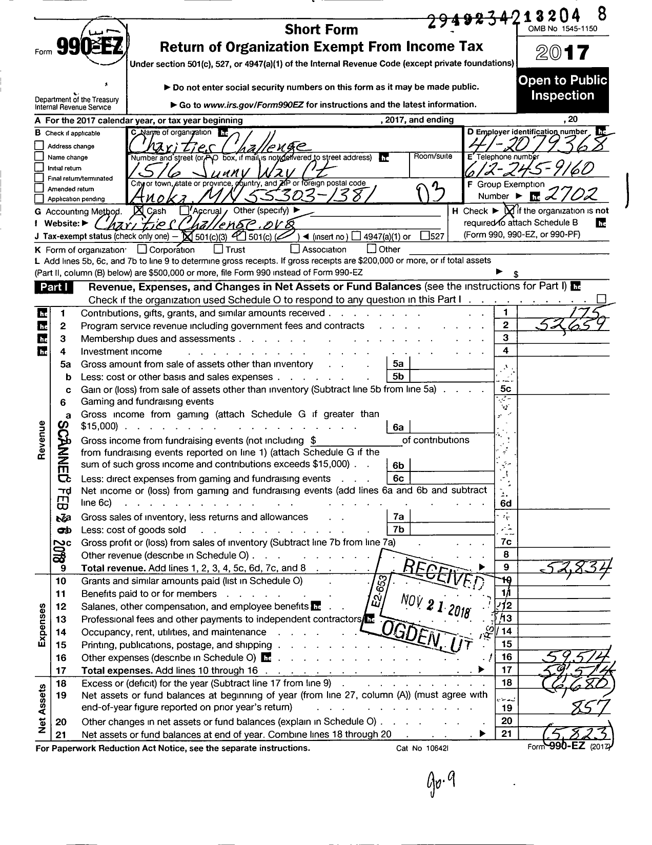 Image of first page of 2017 Form 990EZ for Charities Challenge