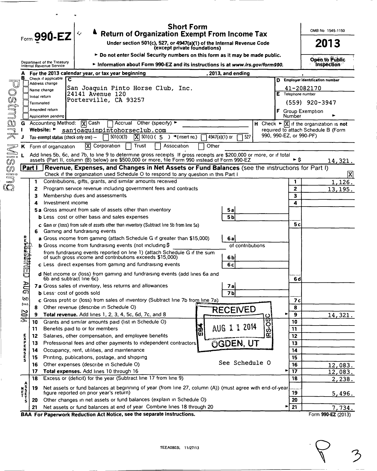 Image of first page of 2013 Form 990EO for San Joaquin Pinto Club