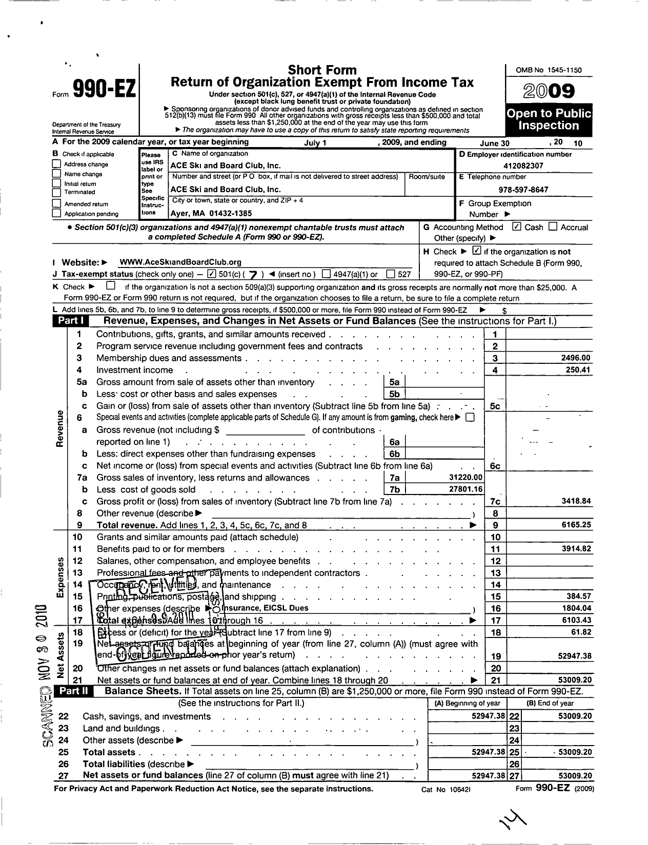 Image of first page of 2009 Form 990EO for Ace Ski Club-Northeast