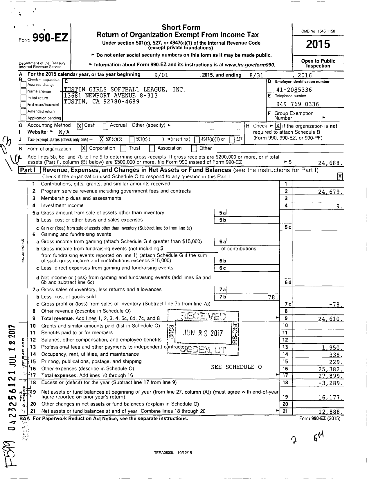 Image of first page of 2015 Form 990EZ for Tustin Girls Softball League