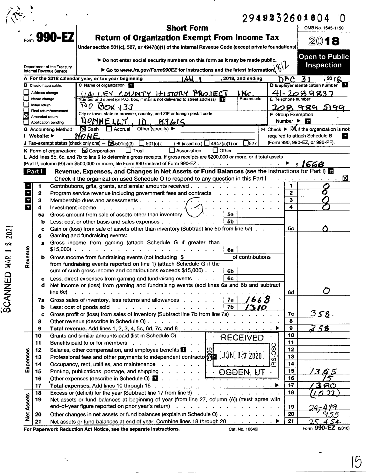 Image of first page of 2018 Form 990EZ for Valley County History Project