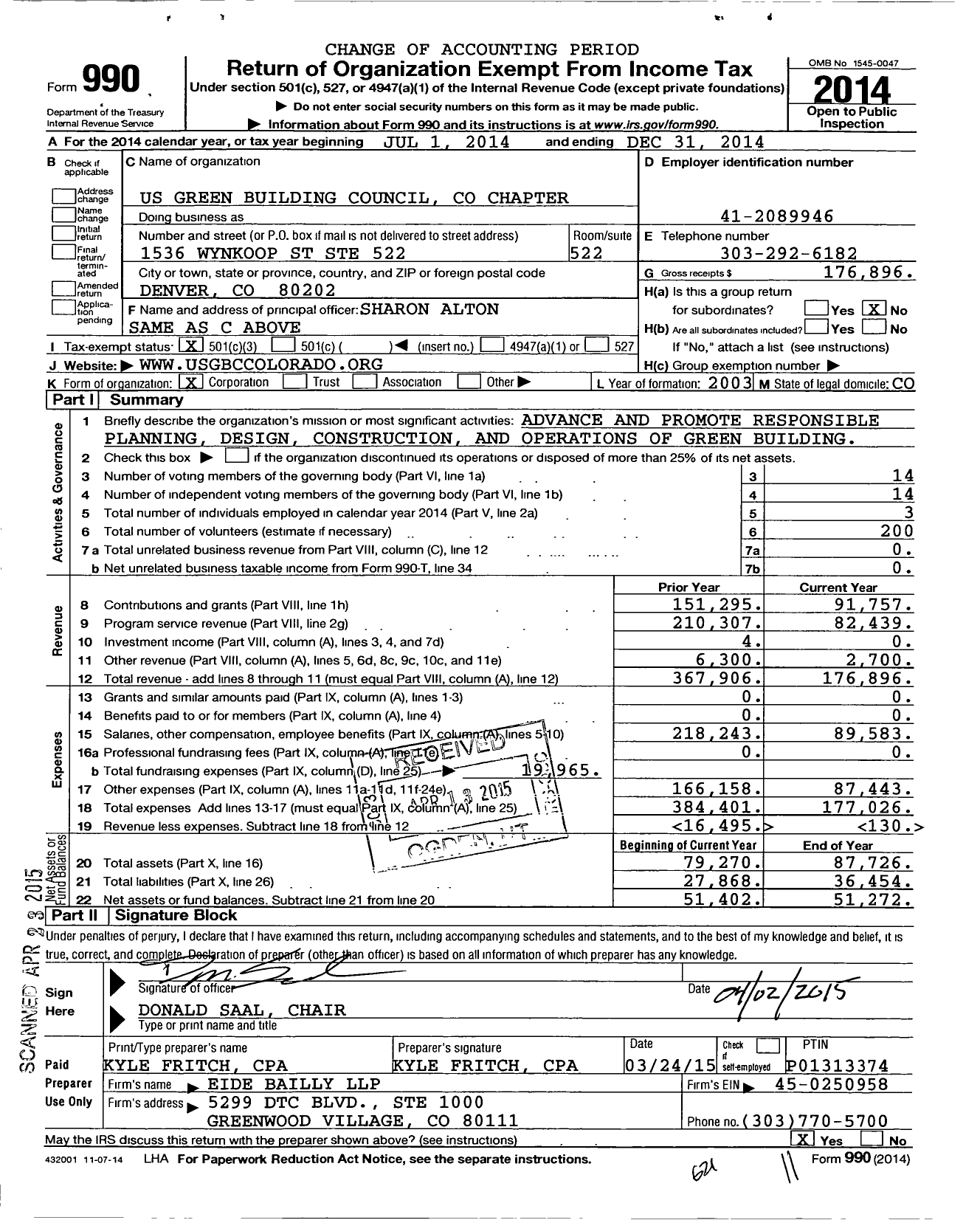 Image of first page of 2014 Form 990 for Us Green Building Council Chapter