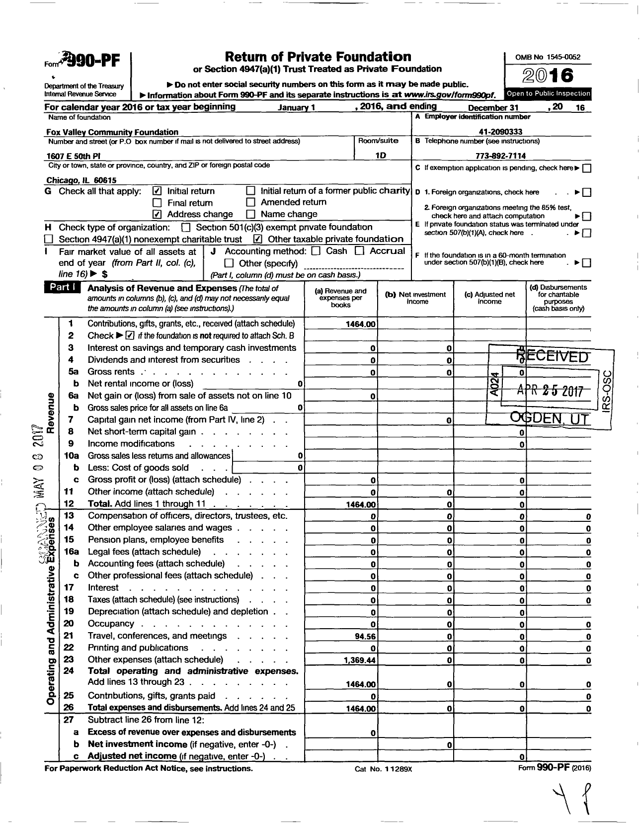 Image of first page of 2016 Form 990PF for Fox Valley Community Foundation