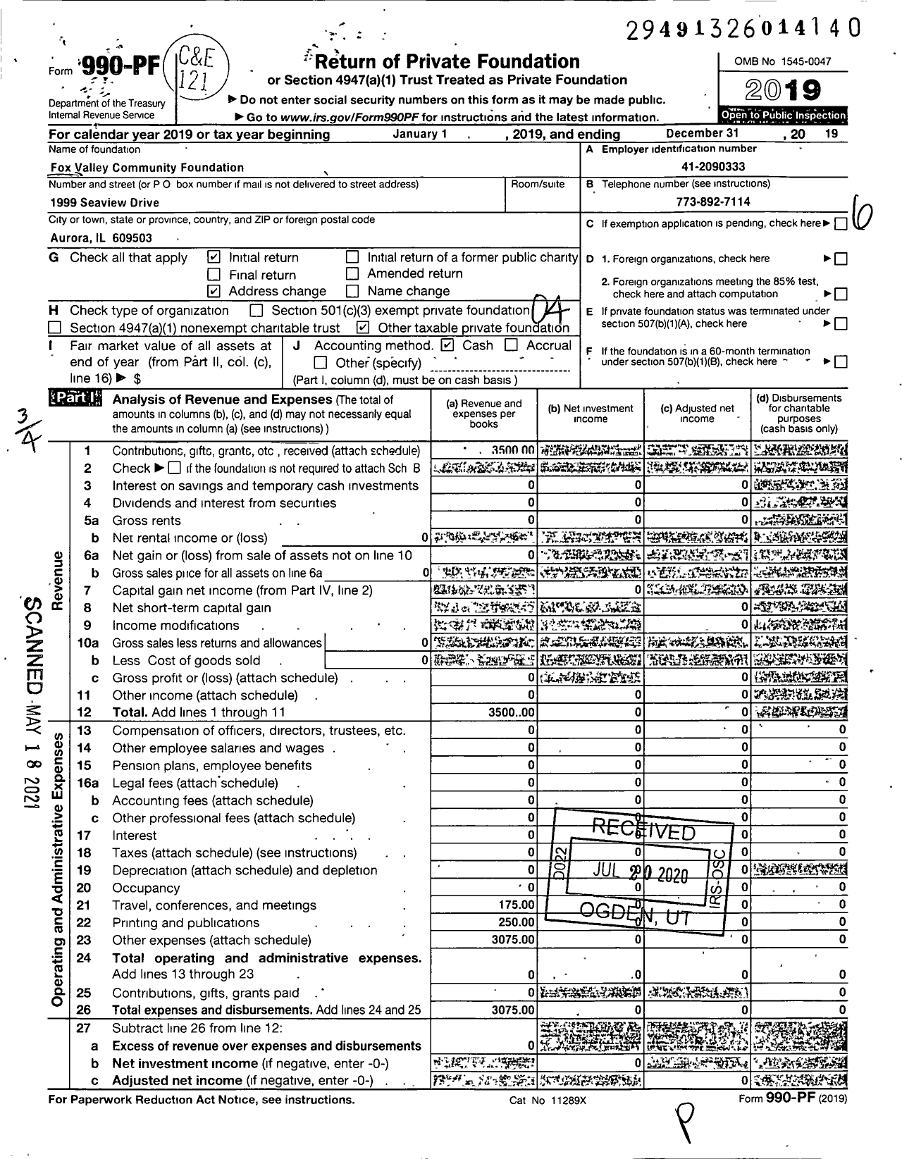 Image of first page of 2019 Form 990PF for Fox Valley Community Foundation