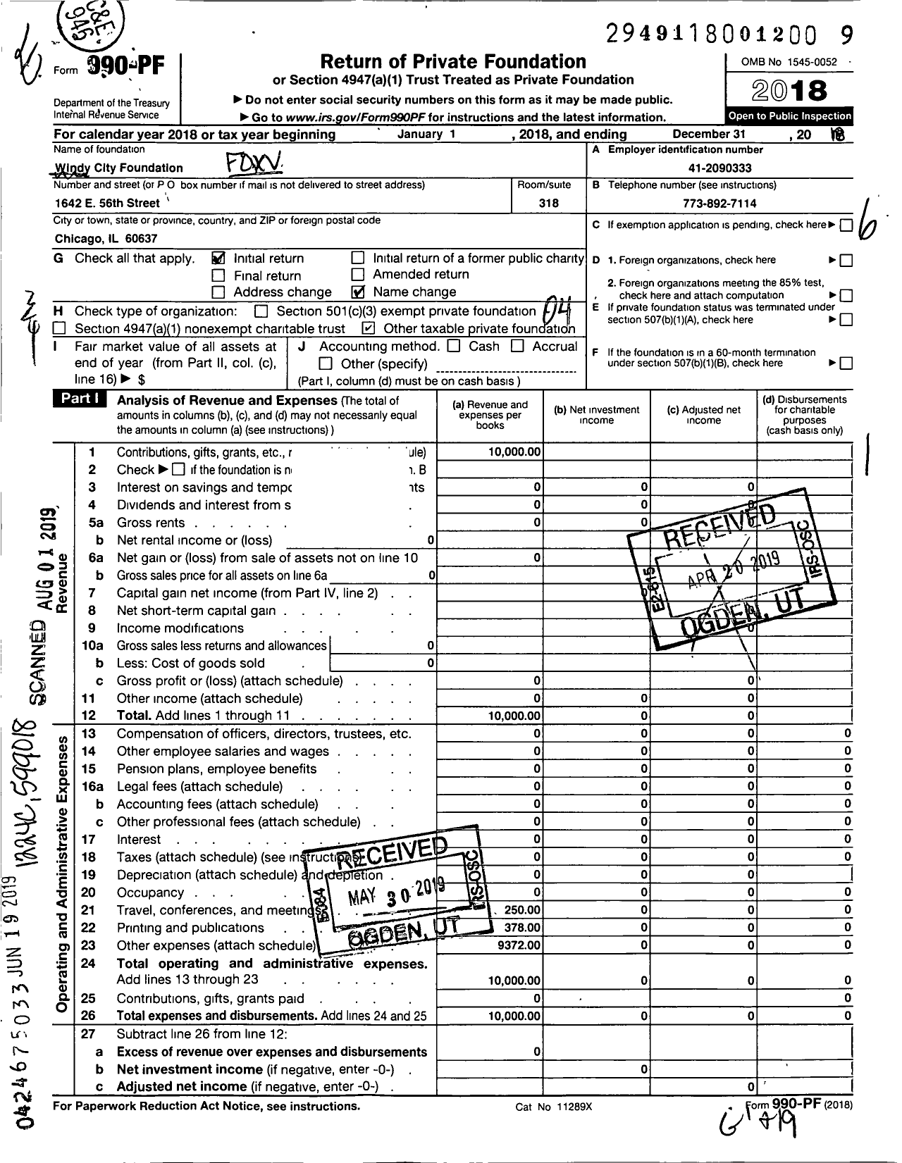 Image of first page of 2018 Form 990PF for Fox Valley Community Foundation