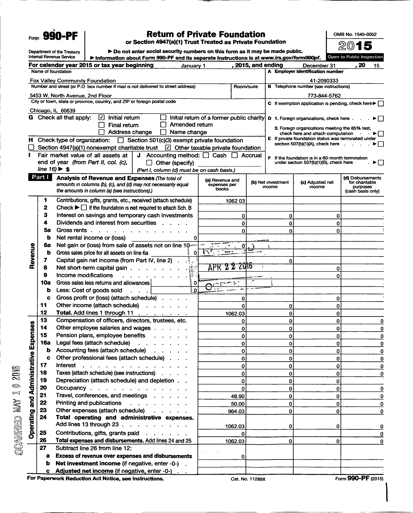 Image of first page of 2015 Form 990PF for Fox Valley Community Foundation