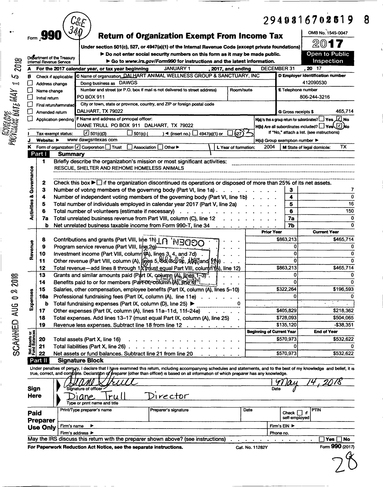 Image of first page of 2017 Form 990 for Dalhart Animal Wellness Group and Sanctuary D A W G S