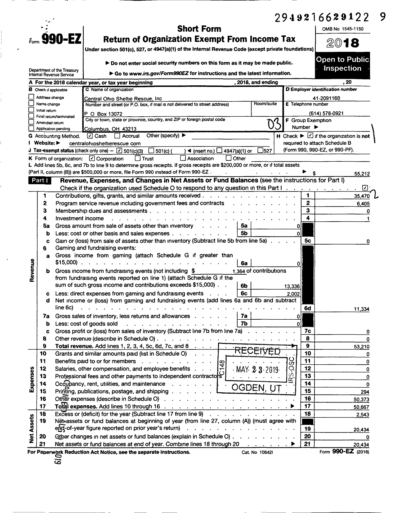 Image of first page of 2018 Form 990EZ for Central Ohio Sheltie Rescue