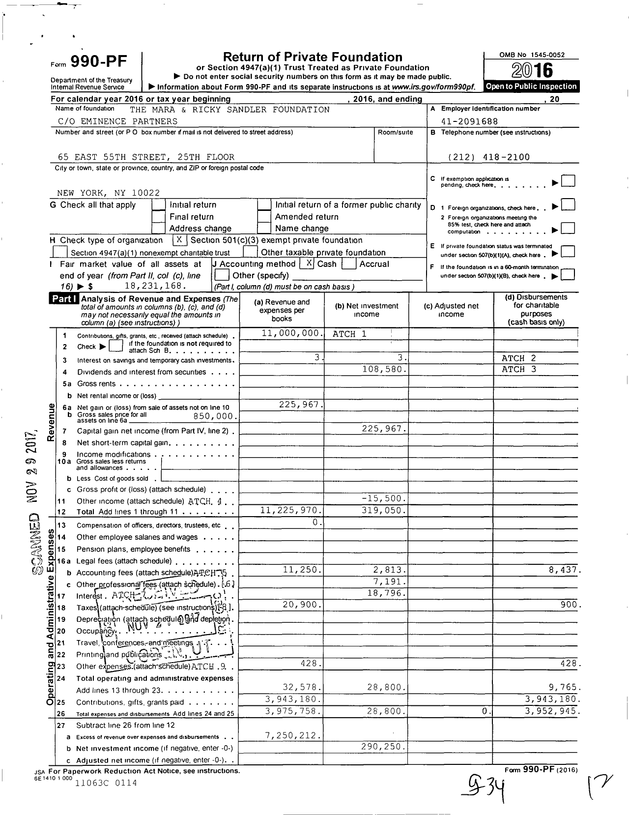 Image of first page of 2016 Form 990PF for The Mara & Ricky Sandler Foundation